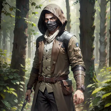 character style the division, wearing a hood, with a precision rifle in his hands, camouflaged in the middle of the leaves, moon...