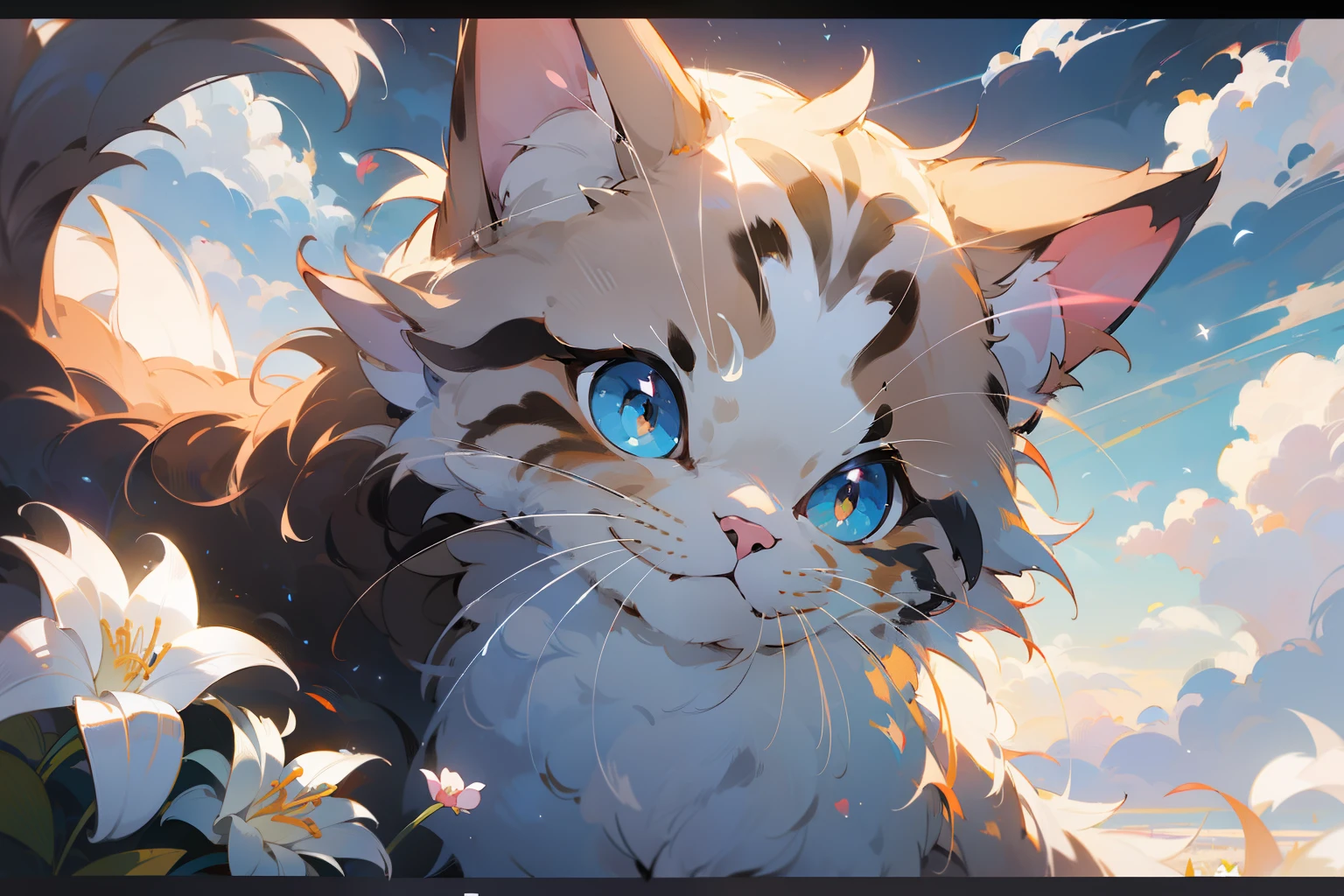 Lindo gato títere blanco, hayao miyazaki estilo de ensueño, ilustración animal surrealista, exterior, cielo, nubes blancas, arco, flores, arte meiji, pintura de color claro, capas ricas, pintura figurativa realista, estilo de retrato realista con hiperdetalle, Japón neotradicional, bordes suaves, fantástica ilustración, (Fondo de pantalla CG unity 8K muy detallado), Fondo limpio, luz natural, mejor calidad, hiperdetalle