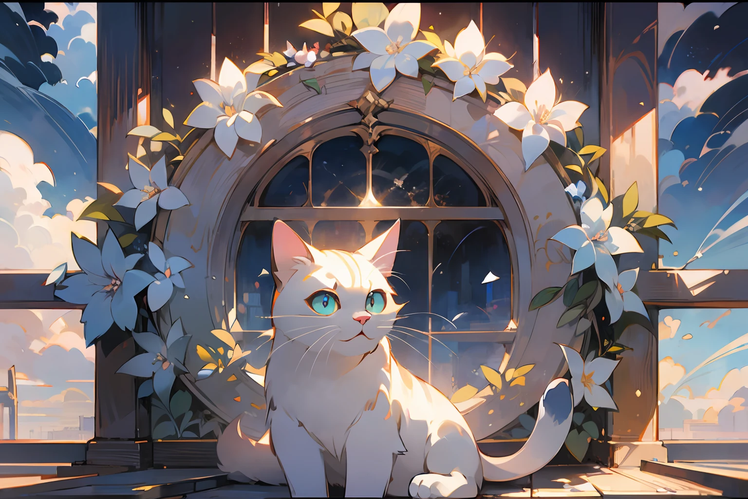 Lindo gato títere blanco, hayao miyazaki estilo de ensueño, ilustración animal surrealista, arco, flores, ventana, cielo, arte meiji, pintura de color claro, capas ricas, pintura figurativa realista, estilo de retrato realista con hiperdetalle, Japón neotradicional, bordes suaves, fantástica ilustración, (Fondo de pantalla CG unity 8K muy detallado), Fondo limpio, luz natural, mejor calidad, hiperdetalle,