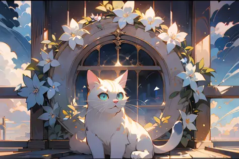 cute white puppet cat, hayao miyazaki dream style, surrealist animal illustration, bow, flowers, window, sky, meiji art, light c...