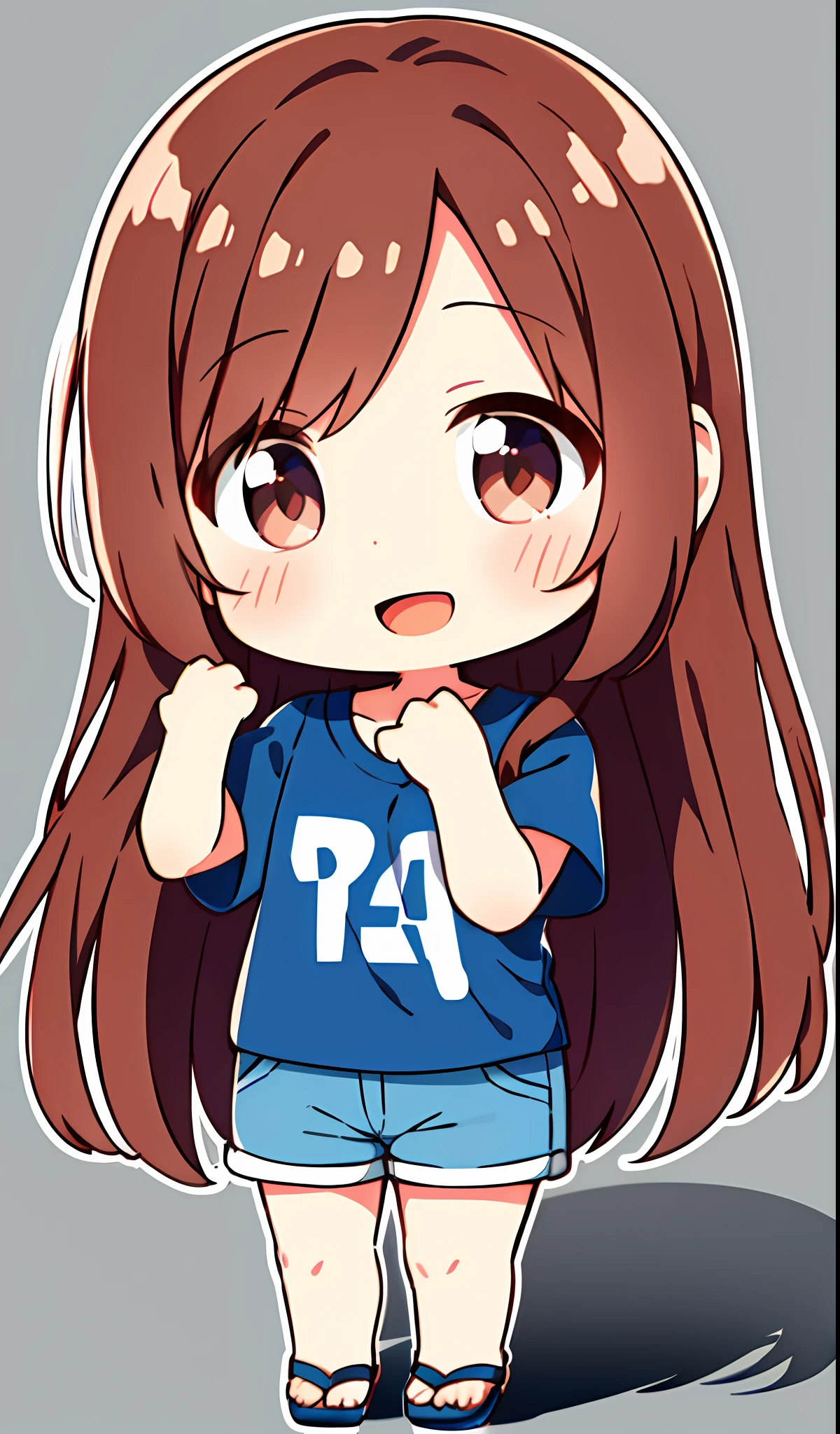 Haru Kasuga(t7s\), (Best Quality, 8K, Masterpiece, Ultra Detail: 1.2), Cinematic Angle, (Chibi:1.4),
1girl, solo, shiny skin, shadow, parted bangs, princess cut, brown hair, long hair, straight hair, brown eyes, t-shirt, denim shorts, sandals, movie lighting, detailed background, , open mouth, smile, white background, full body, viewer look, , simple background, clenched hands, standing, blush,