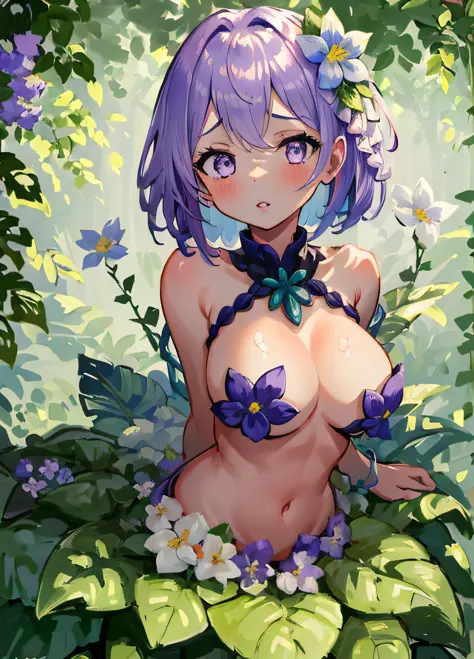 1girl, masterpiece, alraune, flower, large breasts, navel, light purple hair, purple_eyes, wisteria, parted lips, flowers, garden, {topless}, pasties, looking_at_viewer, forest, arms_at_sides, arms_behind_head, naughty face,