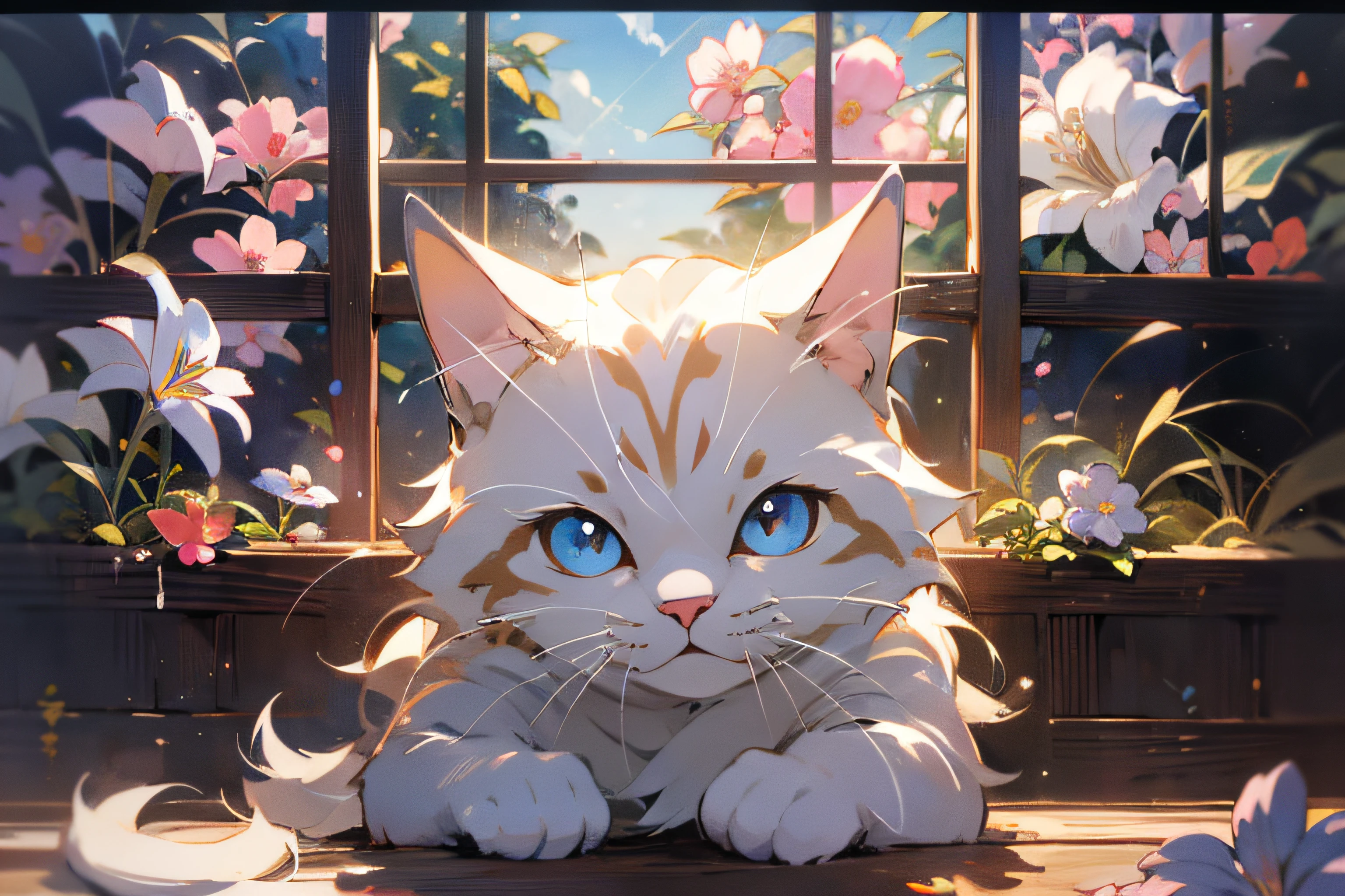 lindo gato fantoche branco, estilo de sonho hayao miyazaki, ilustração animal surrealista, arco, Flores, janela, céu, Arte Meiji, pintura em cores claras, camadas ricas, pintura figurativa realista, estilo de retrato realista com hiperdetalhes, Japão neotradicional, bordas suaves, ilustração fantástica, (papel de parede muito detalhado da unidade CG 8k), fundo limpo, Luz natural, melhor qualidade, Hiperdetalhe,