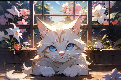 cute white puppet cat, hayao miyazaki dream style, surrealist animal illustration, bow, flowers, window, sky, meiji art, light c...