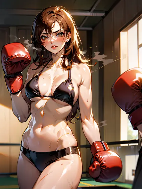 Mature female boxer、Ponytail with black hair、Brown-skinned、Black sports bra  and shorts、Boxing gloves、With keen eyes、Boxing stance、waist line、 - SeaArt  AI