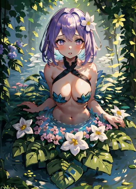 1girl, masterpiece, alraune, flower, large breasts, navel, light purple hair, purple_eyes, wisteria, parted lips, flowers, garden, {topless}, pasties, looking_at_viewer, forest, arms_at_sides,