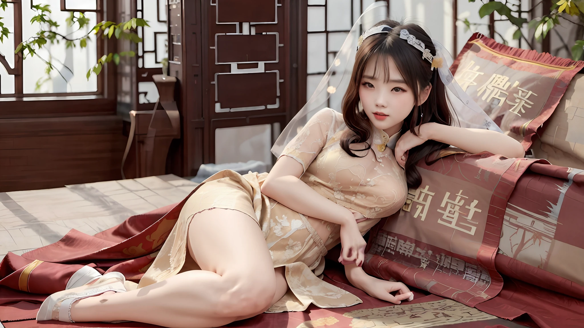 femme araffe en robe de dentelle dorée allongée sur un lit avec des oreillers, une belle impératrice fantastique, Chinoise, tendance sur cgstation, princesse chinoise, costume chinois, impératrice chinoise, beau rendu de la dynastie Tang, xianxia complet du corps, ((une belle impératrice fantastique)), robe chinoise, style chinois, porter un cheongsam rouge, fantaisie chinoise