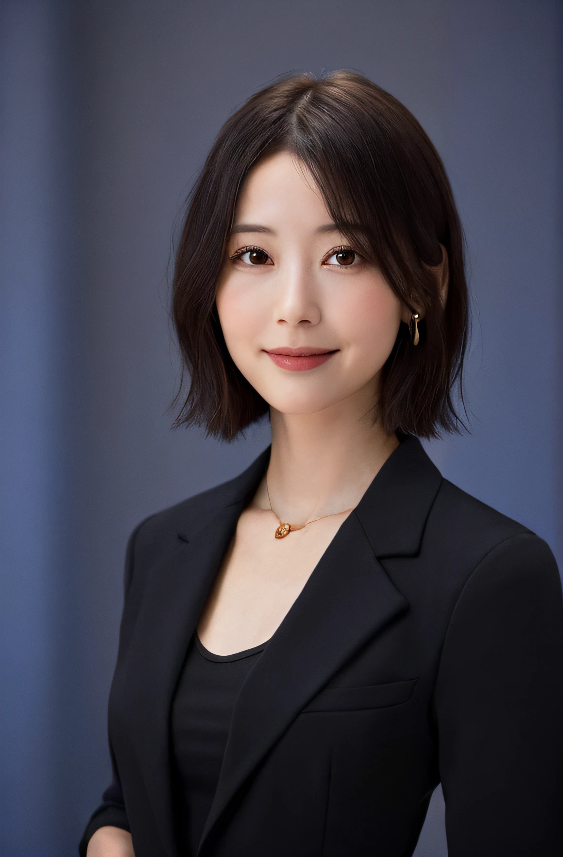 Top Quality, 1 Girl, Solo, ((Perfect Female Body Type),, (SFW)), Mai Shiraishi, Black Suit Jacket, (Upper Body), Short Hair, Photorealistic (Upper Body), Short Hair, Photorealistic 8k, RAW Photography, Portrait, Best Quality, Ultra High Definition, Photorealistic, 1 Girl,Staring At You, Gentle Expression with Lowered Eyes, G-Cup Big, Black Hair, see-through white dress, earrings, necklace,mouth closed, smile, eyelashes, beautiful breasts, spread legs, movie lighting, depth of field, lens flare