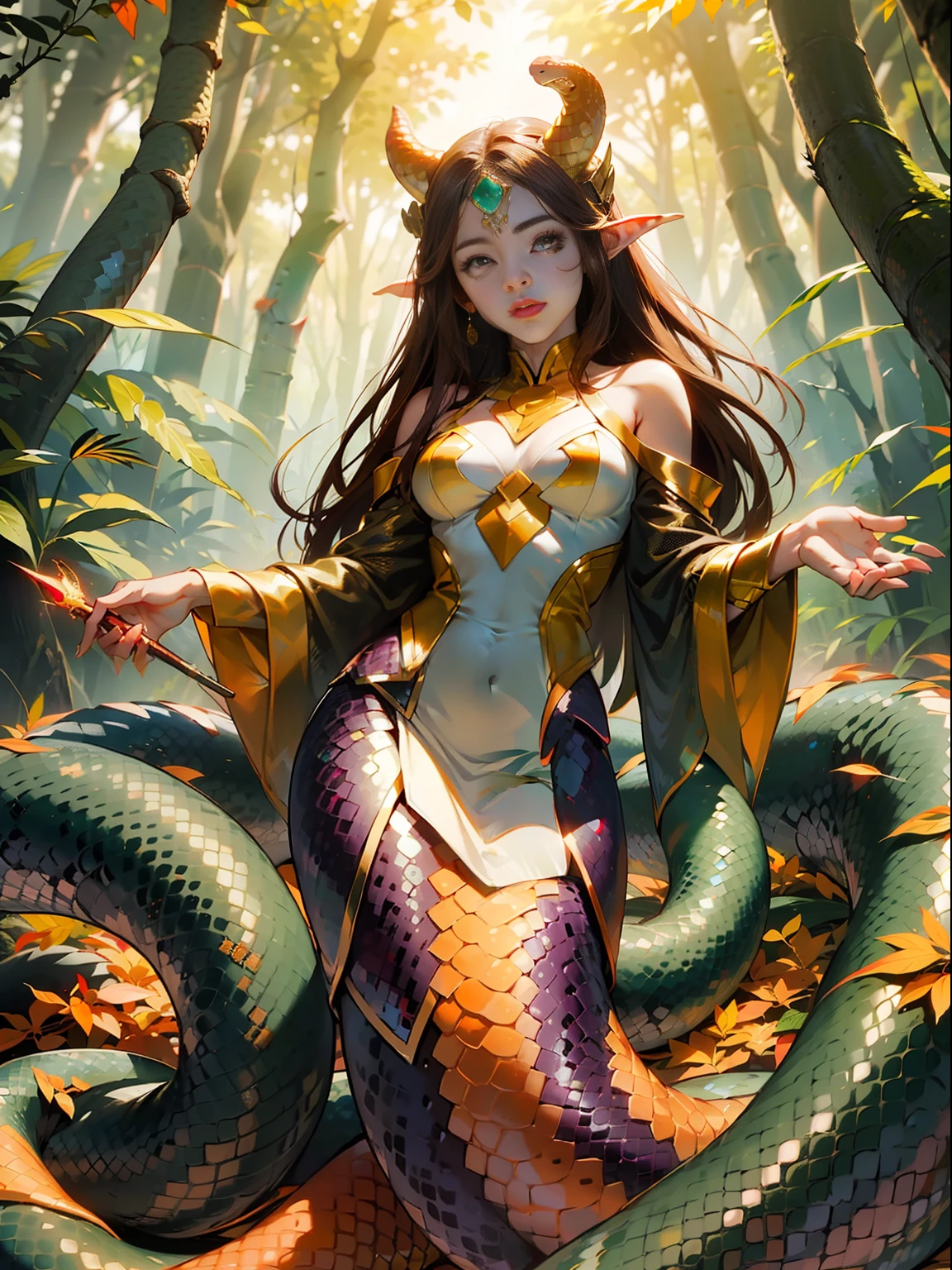 (lamia), full body shot, ((witch, framed tarot card style)), 1girl, monster girl, reptile tail, (colorful shiny snake scales), (shiny white, red, and (golden) gradient scales tail), (reptilian eyes), in beautiful enchanted magical (forest), red (glowing plant) and fungus, ((red thin trees with yellow and orange leaves)), sunrise, greenish atmosphere, orange sun, alien flora, amazing lighting effects, yellowish light ray, crystalline dew, ((astonishingly seductive lamia)), amazing face and eyes, soft and delicate looking, (brown long hair), (crystalline red eyes like ruby), good hands, perfect anatomy, masterpiece, best quality