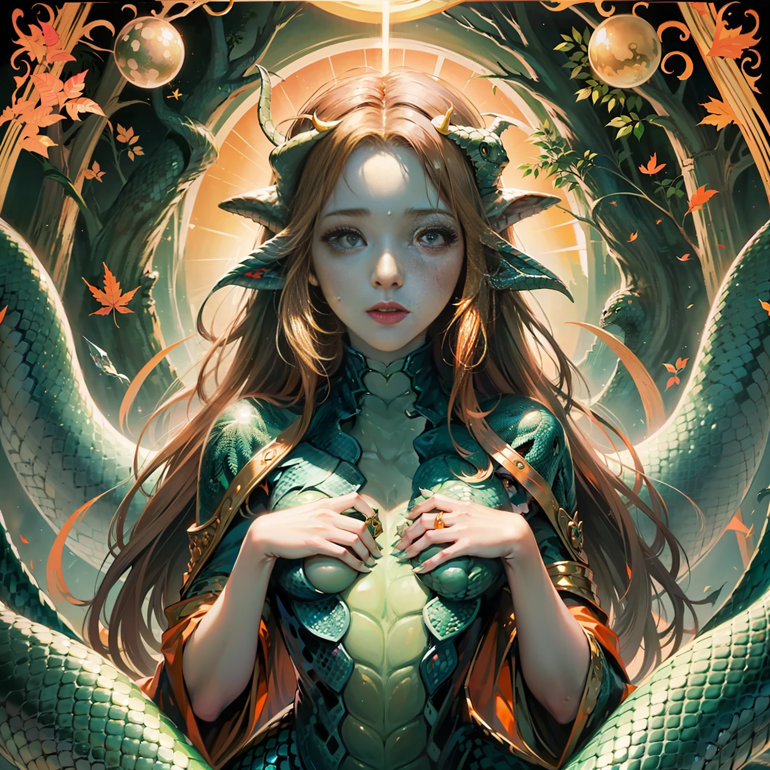 (lamia), ((witch, tarot card, framed tarot card, tarot card design)), 1girl, monster girl, reptile tail, (colorful shiny snake scales), (shiny white, red, green, and (golden) gradient scales tail), (reptilian eyes), in beautiful enchanted magical (forest), red (glowing plant) and fungus, ((red thin trees with yellow and orange leaves)), sunrise, greenish atmosphere, orange sun, alien flora, amazing lighting effects, yellowish light ray, crystalline dew, ((astonishingly seductive lamia)), amazing face and eyes, soft and delicate looking, (brown long hair), (crystalline green eyes like emerald), good hands, perfect anatomy, masterpiece, best quality