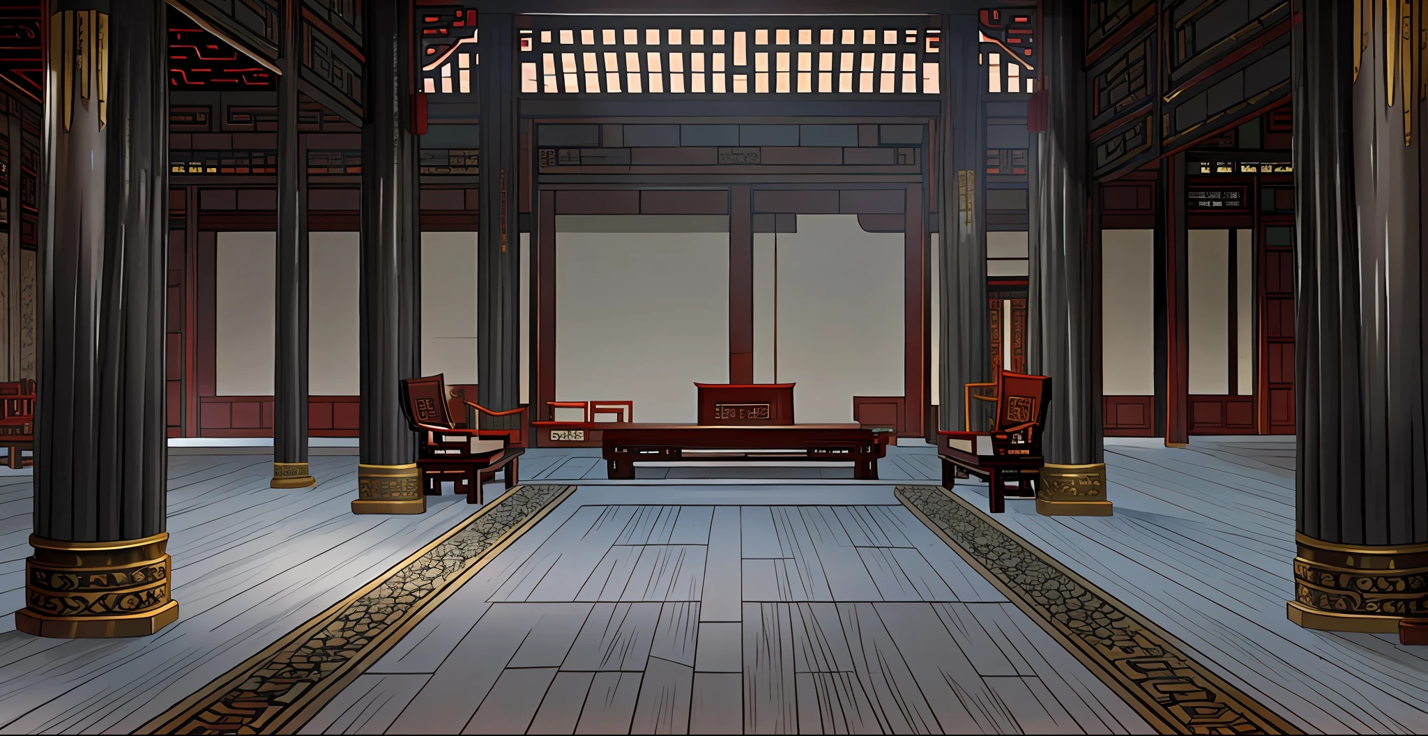 المشهد الداخلي لقاعة القصر الإمبراطوري الصيني القديم, كراسي جلوس