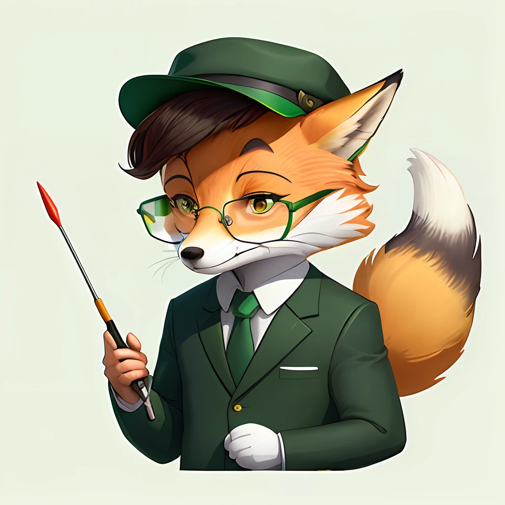 Cartoon fox in green suit with tie and holding pointer, fox man in green teacher hat, man with pointer, man with glasses, teacher, lecturer, fox scientist, digital fox, simple illustration, Instagram icon