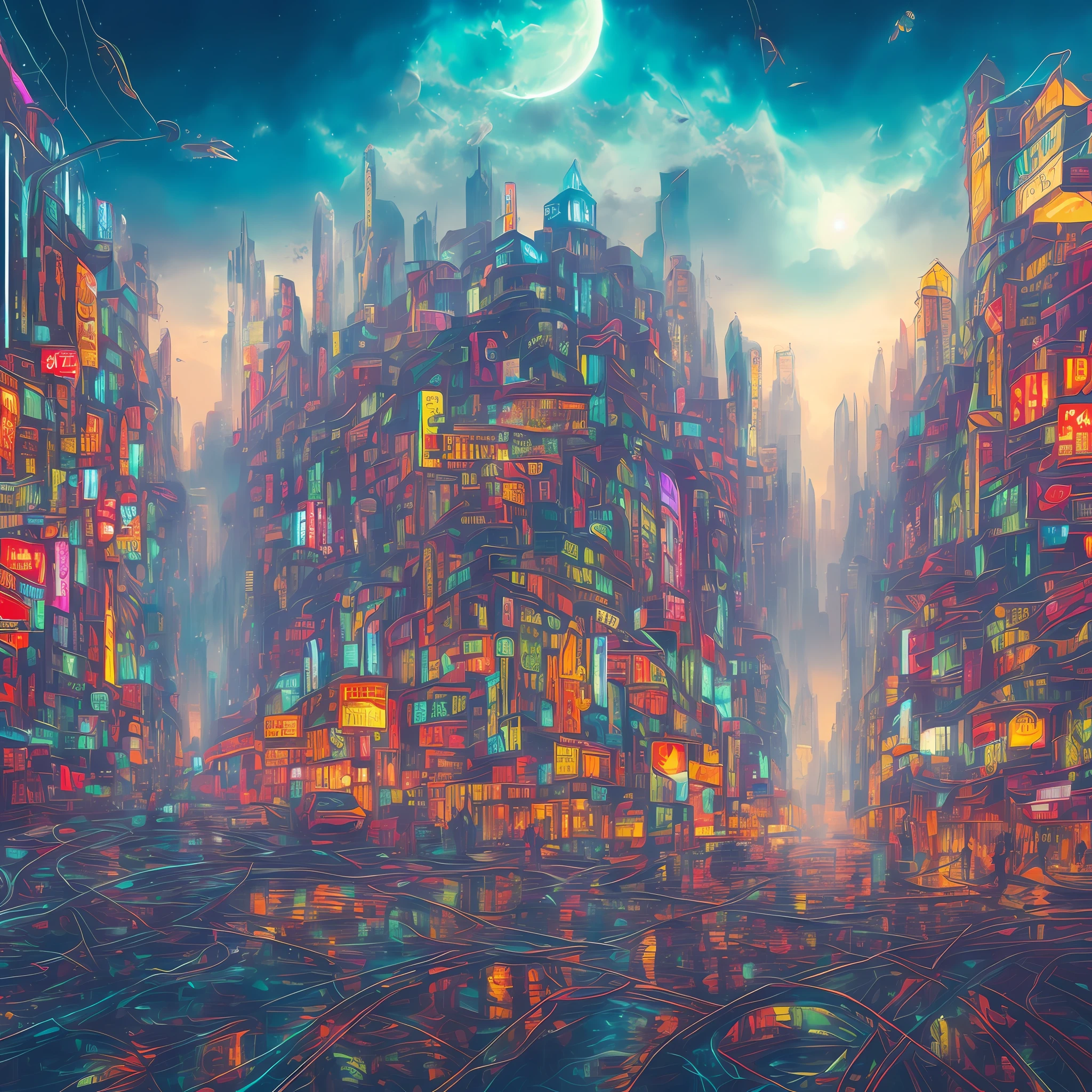 city ​​landscape painting, art, Northern Renaissance style, cyberpunk, big city, background galaxy give off rainbow and gold neon light many lines radially, brilliant planet, illustration, fantasy, portrait, animification, high resolution, best quality, very high image quality, ultra detailed, hyper realistic, photorealistic --auto