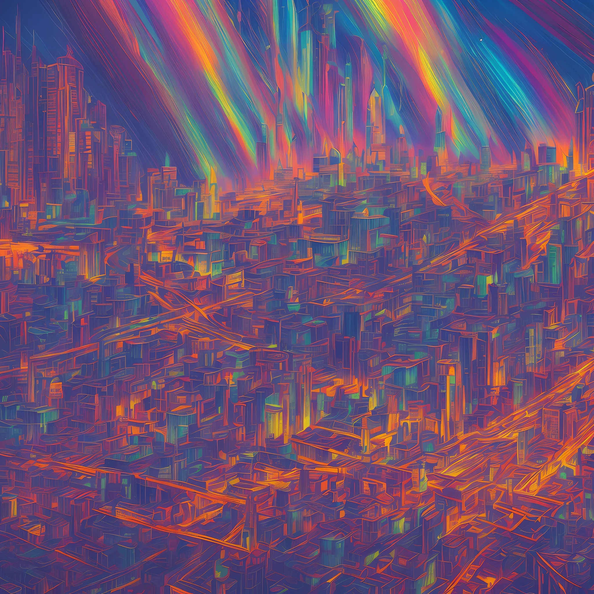 city ​​landscape painting, art, Northern Renaissance style, cyberpunk, big city, background galaxy give off rainbow and gold neon light many lines radially, brilliant planet, illustration, fantasy, portrait, animification, high resolution, best quality, very high image quality, ultra detailed, hyper realistic, photorealistic --auto