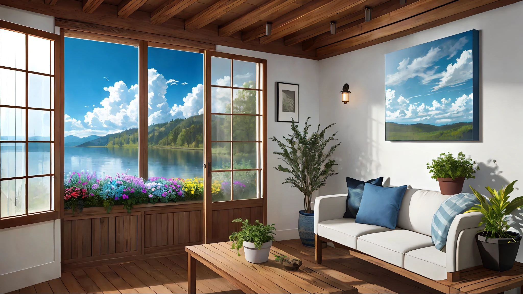 Masterpiece, best quality, clear focus, high quality, blue clear lake, blue sky and white clouds, very detailed CG unified 8k wallpaper, lots of flowers, large wooden window looking out, several potted plants, small green plants, large windows full of life, award-winning photography, HDR, realism, very detailed, trends on artstation, trends on CGsociety, intricate, high detail, dramatic, artistic way