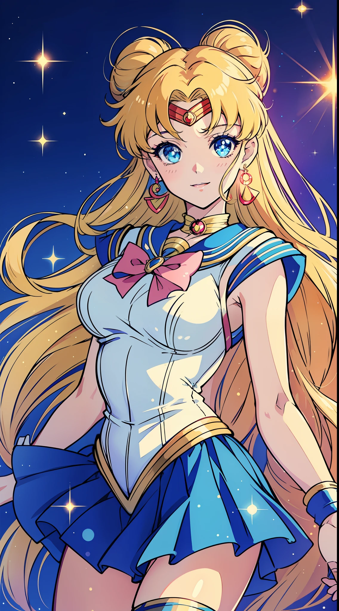 Girl, Solo:
Style: Anime (Sailor Moon)
Quality: Graceful
Quality: Compassionate
Hair: Long, flowing hair in a vibrant shade of blonde, with two cute buns on top
Eye Color: Large, sparkling blue eyes
Outfit: Wearing the iconic Sailor Moon uniform, consisting of a white leotard with a blue sailor collar, a pleated blue skirt, and a large red bow on her chest
Accessories: Adorned with a tiara on her forehead, matching blue earrings, and white elbow-length gloves
Pose: Standing tall with one hand resting on her hip, while the other holds a magical wand, which emits a soft, sparkling glow
Expression: Her gaze is gentle and compassionate, with a light, serene smile on her lips