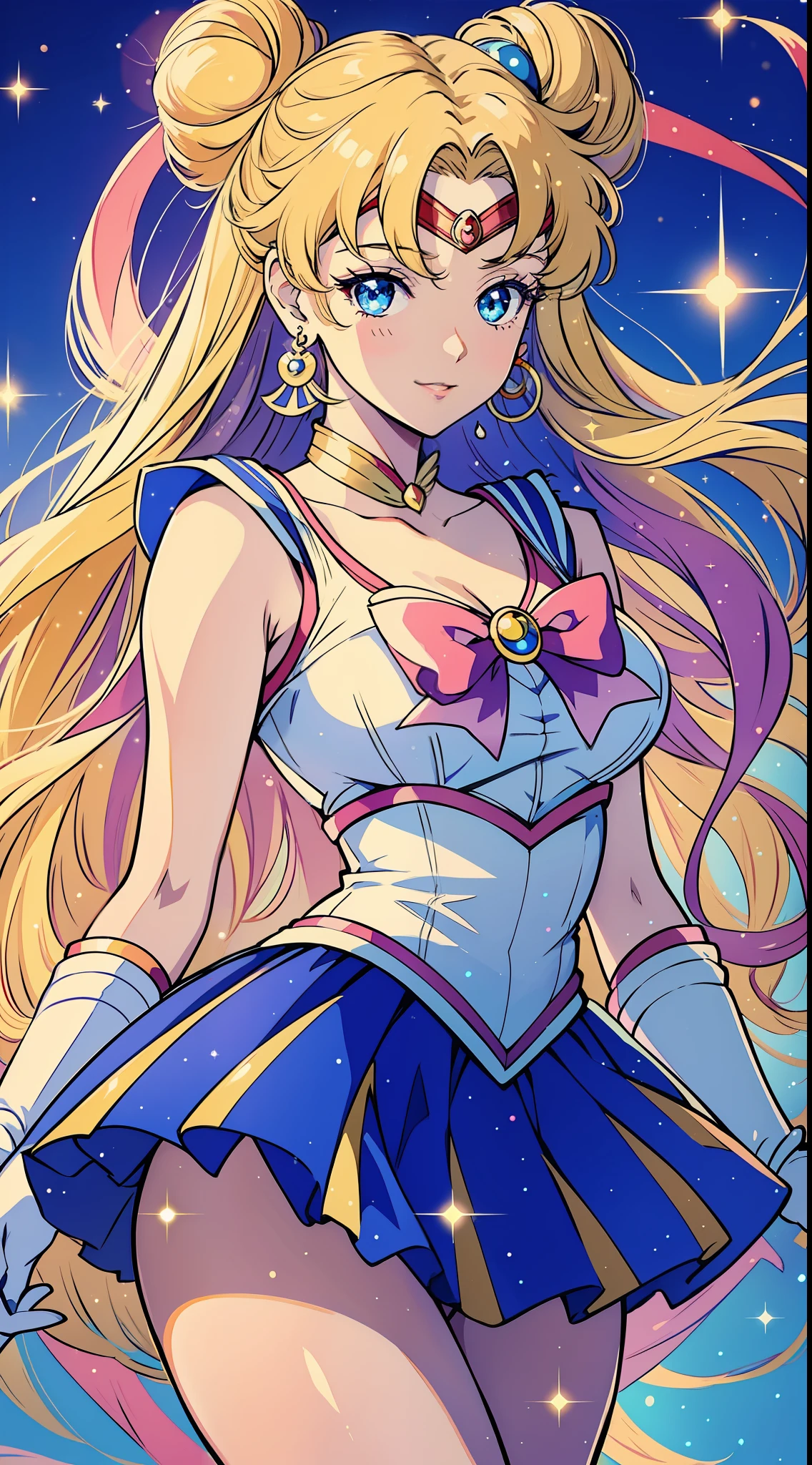 Mädchen, Allein:
Stil: Anime-Serie (Sailor Moon)
Qualität: Graceful
Qualität: Mitfühlendes Haar: lang, wallendes Haar in einem kräftigen Blondton, mit zwei süßen Dutts oben drauf Augenfarbe: groß, strahlend blaue Augen Outfit: In der ikonischen Sailor Moon-Uniform, bestehend aus einem weißen Turnanzug mit blauem Matrosenkragen, ein plissierter blauer Rock, und einer großen roten Schleife auf der Brust: Geschmückt mit einer Tiara auf der Stirn, passende blaue Ohrringe, und weiße ellenbogenlange Handschuhe Pose: Sie steht aufrecht und hat eine Hand auf der Hüfte, während der andere einen Zauberstab hält, die einen sanften, funkelnder Glanz Ausdruck: Ihr Blick ist sanft und mitfühlend, mit einem Licht, heiteres Lächeln auf ihren Lippen