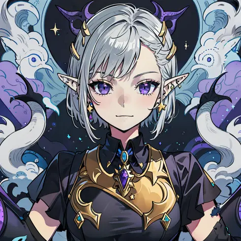 Girl with short silver hair, golden highlights in purple eyes, star stud earrings, elf ears, no headdress, black skirt, Cthulhu,...