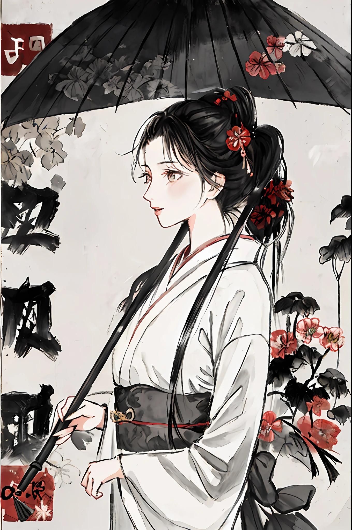 shukezouma, girl, woman, lanten, city, medieval japan, negative space, shuimobysim, (Minimalism:1) , very detailed, a lot of small details, red, a lot of black, no green, no orange, cold painting, hanfu, dressed in hanfu, holding an umbrella, umbrella, umbrella in hands