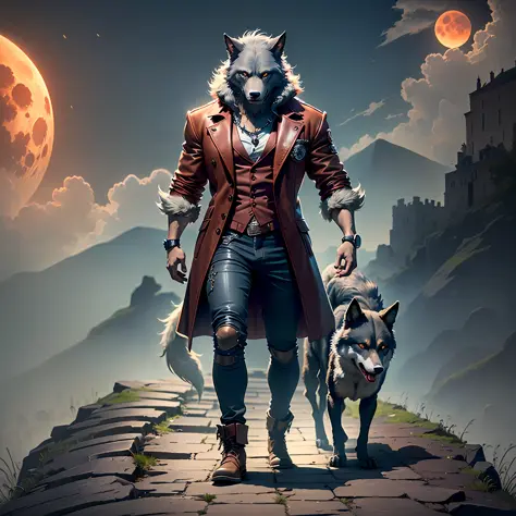 A werewolf standing on a cliff walks towards the viewer, dressed in gangster costume, behind him are wolves, red moon in the sky, high detail, castle, masterpiece, (HDR) (wallpaper) (cinema lighting) (sharp focus), masterpiece, best quality, (very detailed...