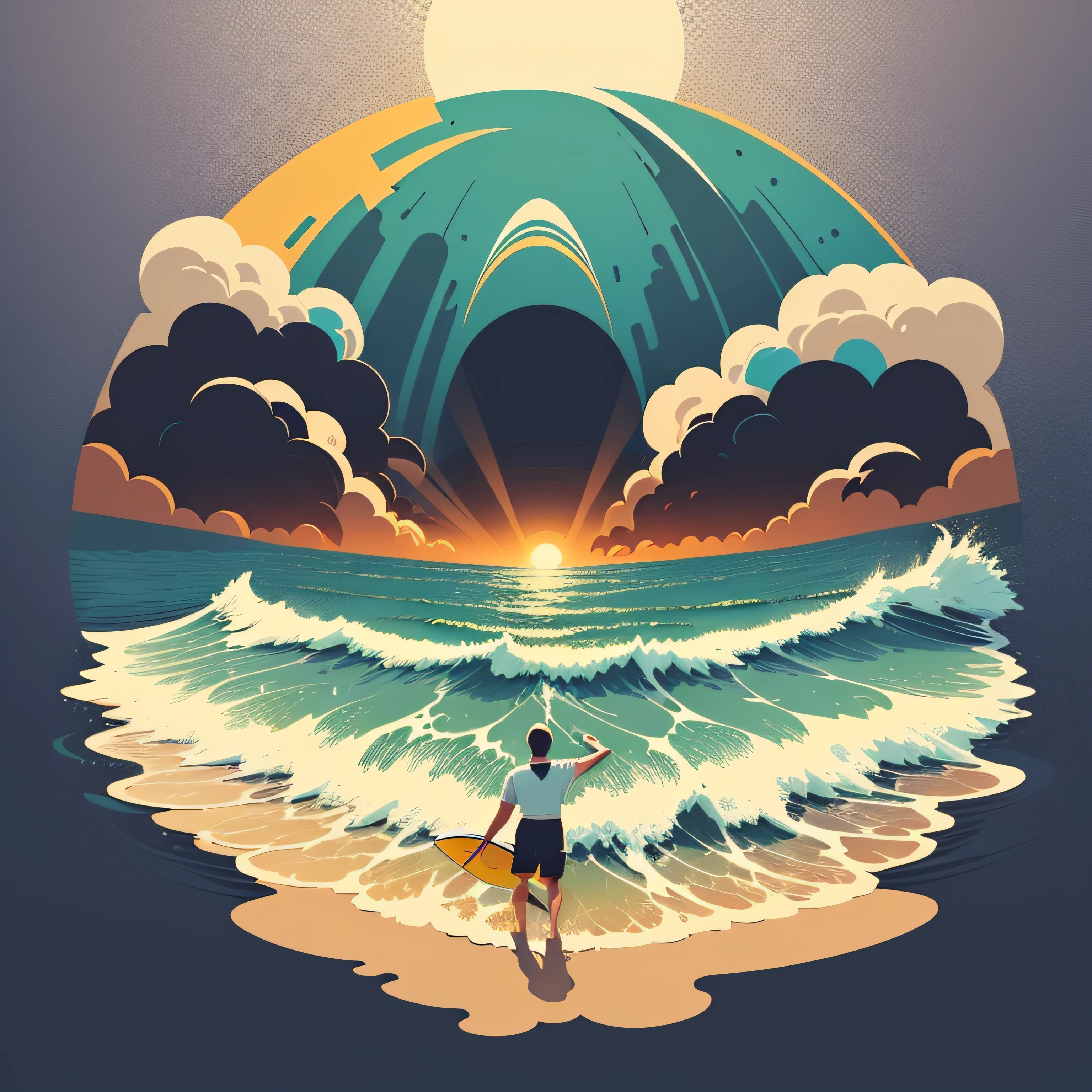 (((flat vector art))), (T-shirt DESIGN), (color), (solid white background), ((ready to print)), (fantasy), ((best quality))), (detailed), Adobe Illustrator, 4K resolution, three mismatched surfboards, sand and sun waves, retro style, panoramic view, isometric style, retro aesthetic, character-focused