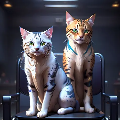 there are two cats sitting on a chair with green eyes, illustration of 2 cats, realistic anime cat, two cats, realistic illustra...