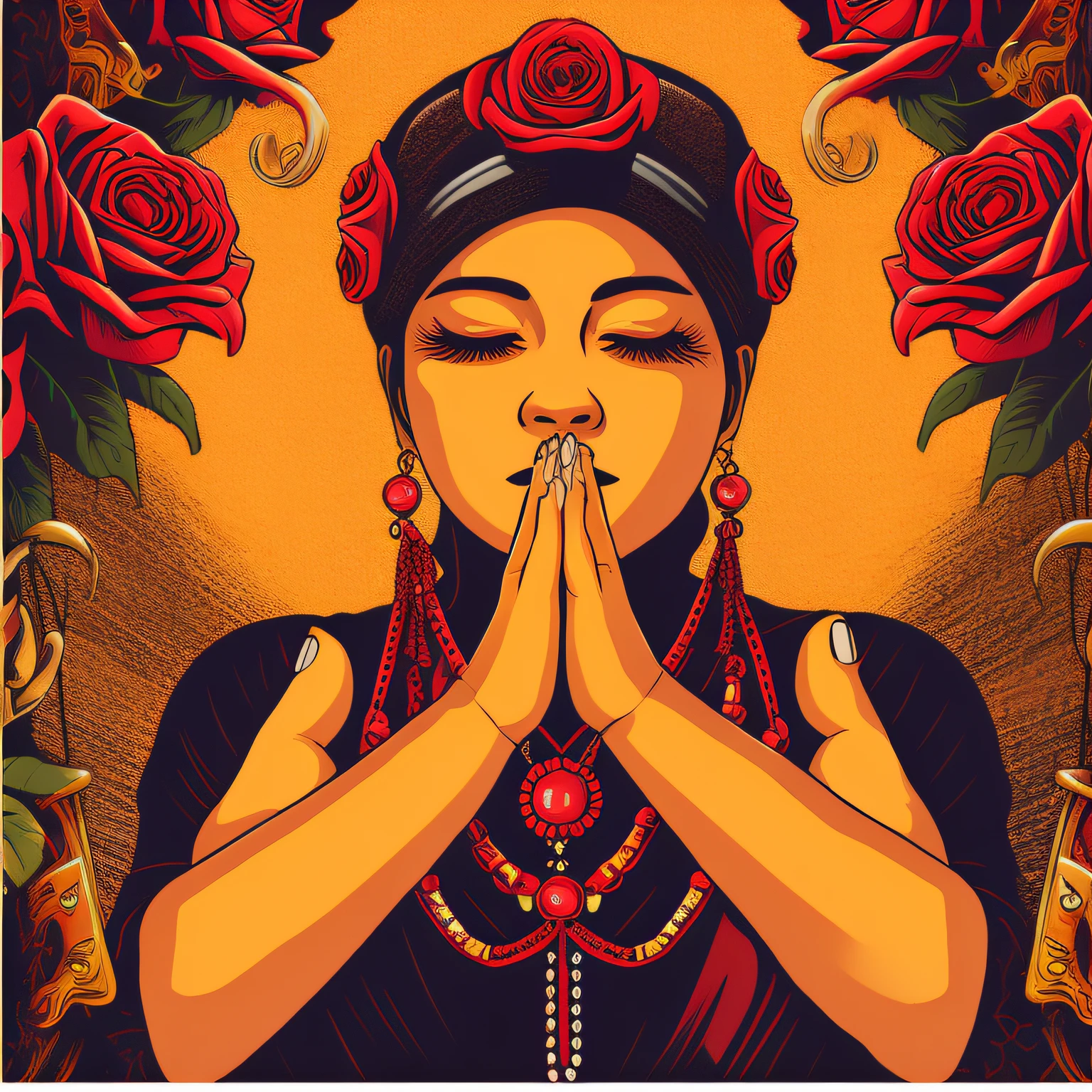 illustration by vector_art, praying hands with rosaries and roses, hyperrealistic, beautiful face, cinematic lighting, dramatic lighting