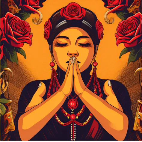 illustration by vector_art, praying hands with rosaries and roses, hyperrealistic, beautiful face, cinematic lighting, dramatic ...