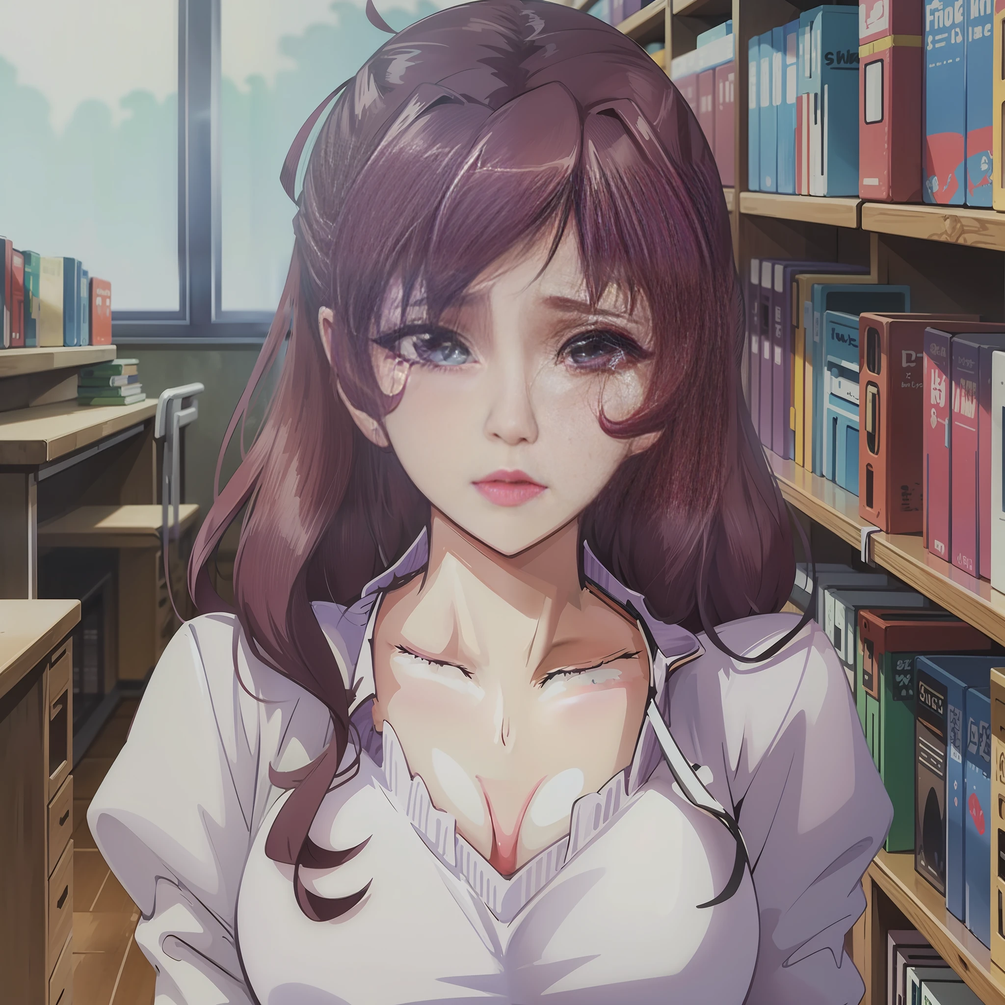 Beauty, teacher, sadness, tears, purple hair, purple eyes, library, fine eyes, masterpiece of best quality, 8k, high quality, high resolution