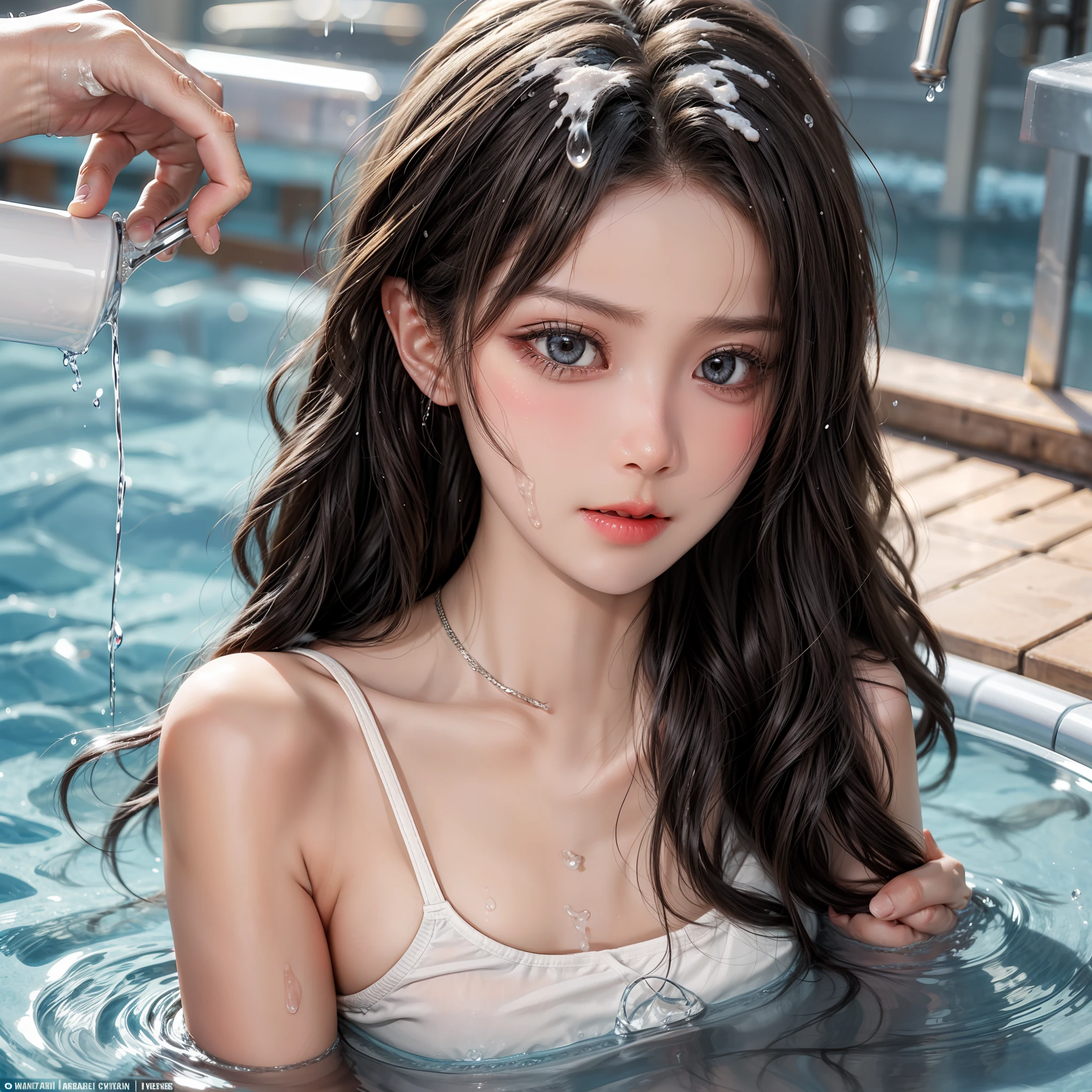 The young girl's face was stained with water, and the white substance on the girl's face and head spread all over her body, with a lustful expression