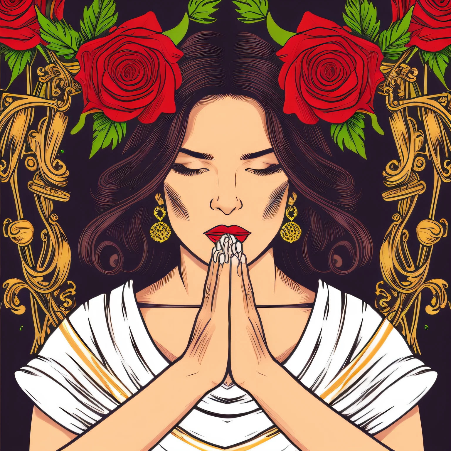 illustration by vector_art, praying hands with rosaries and roses, hyperrealistic, beautiful face, cinematic lighting, dramatic lighting