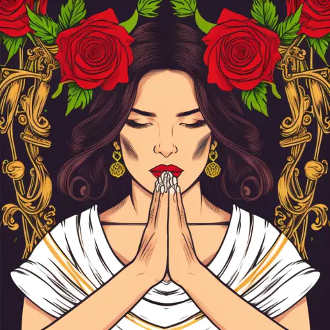 illustration by vector_art, praying hands with rosaries and roses, hyperrealistic, beautiful face, cinematic lighting, dramatic ...