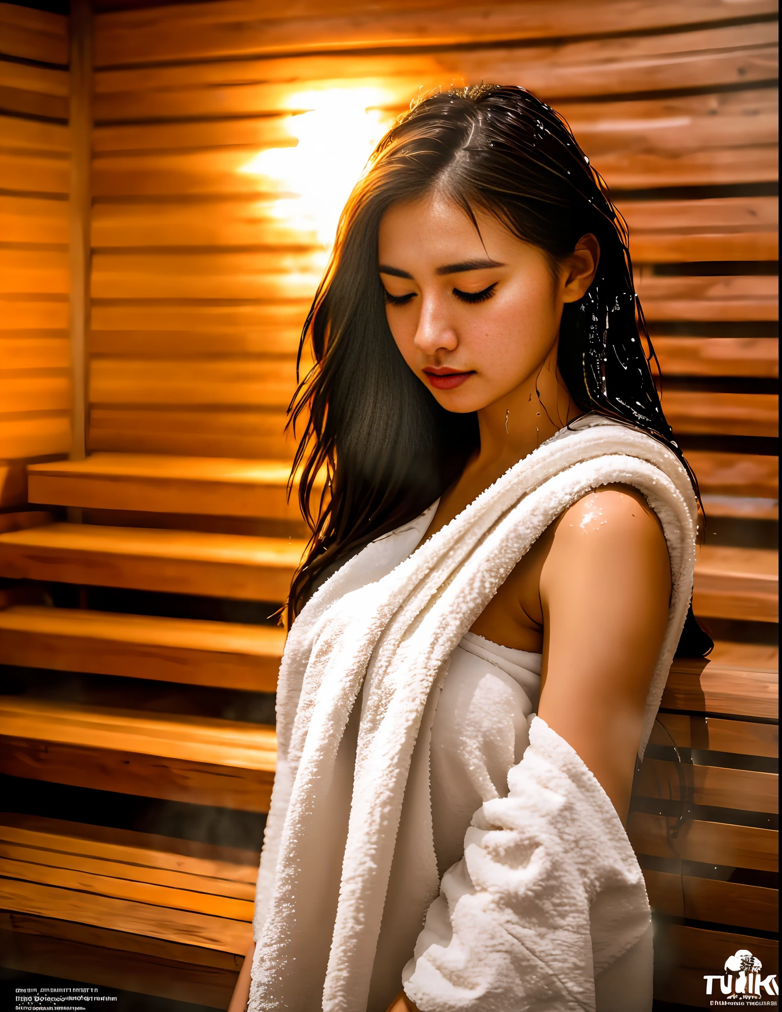 Arafed woman in a towel in a sauna room with a towel over her shoulders -  SeaArt AI