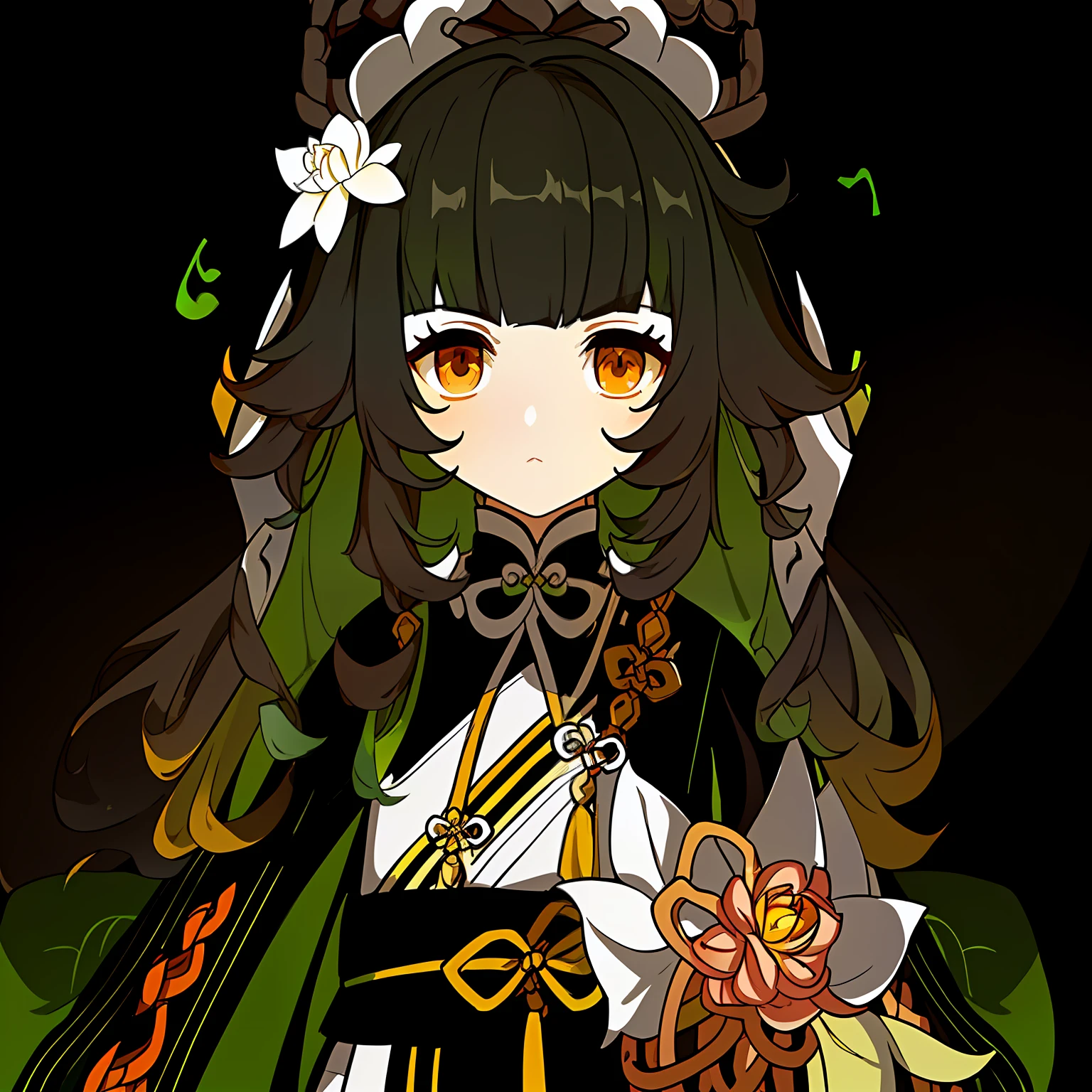 Genshin Avatar, (a girl with brown hair and orange eyes: 1.4), no hat, short and medium hair, hair between the eyes, (((white silk coat a little yellow and yellow-green))), there is a cartoon girl wearing a short dark green skirt, (a pink lotus flower on the right side of the forehead), pink flowers and green leaves in her hair, full body adoptable, inspired by the master of Kanbun, ((wearing noble robes)), non-binary god of spring, character adoptable, (light yellow ribbon tied around the waist), long and wide sleeves, Mihoyo Art Style, highly_detailed, Portrait, (((Masterpiece))), ((Best Quality))), (black_background:1.4), simple_background