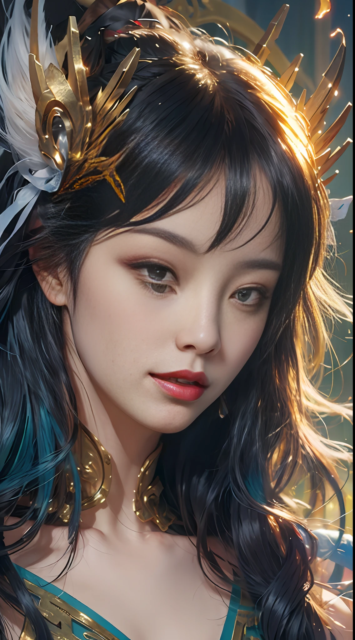 (Masterpiece:1.5), illustration, 4K, 8K, (high quality:1.1),fairy, highly detailed, detailed face, HDR, bright colors, natural lighting, beautiful eyes, beautiful face, 1 girl, solo, chinese lantern, chinese style, chinese architecture, paper cut fairy irelia, myth maker irelia, long hair, multicolored hair, hair accessories, face markings, white hair, green eyes, bangs, jewelry, gradient hair, (ribbon), countless throwing knives behind the back, magic background,