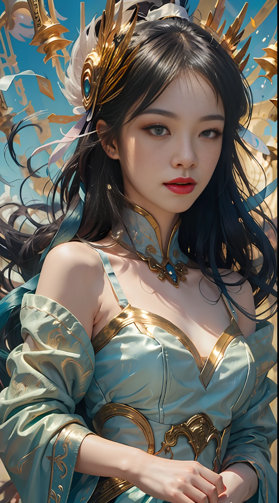 (Masterpiece:1.5), illustration, 4K, 8K, (high quality:1.1),fairy, highly detailed, detailed face, HDR, bright colors, natural lighting, beautiful eyes, beautiful face, 1 girl, solo, chinese lantern, chinese style, chinese architecture, paper cut fairy irelia, myth maker irelia, long hair, multicolored hair, hair accessories, face markings, white hair, green eyes, bangs, jewelry, gradient hair, (ribbon), countless throwing knives behind the back, magic background,