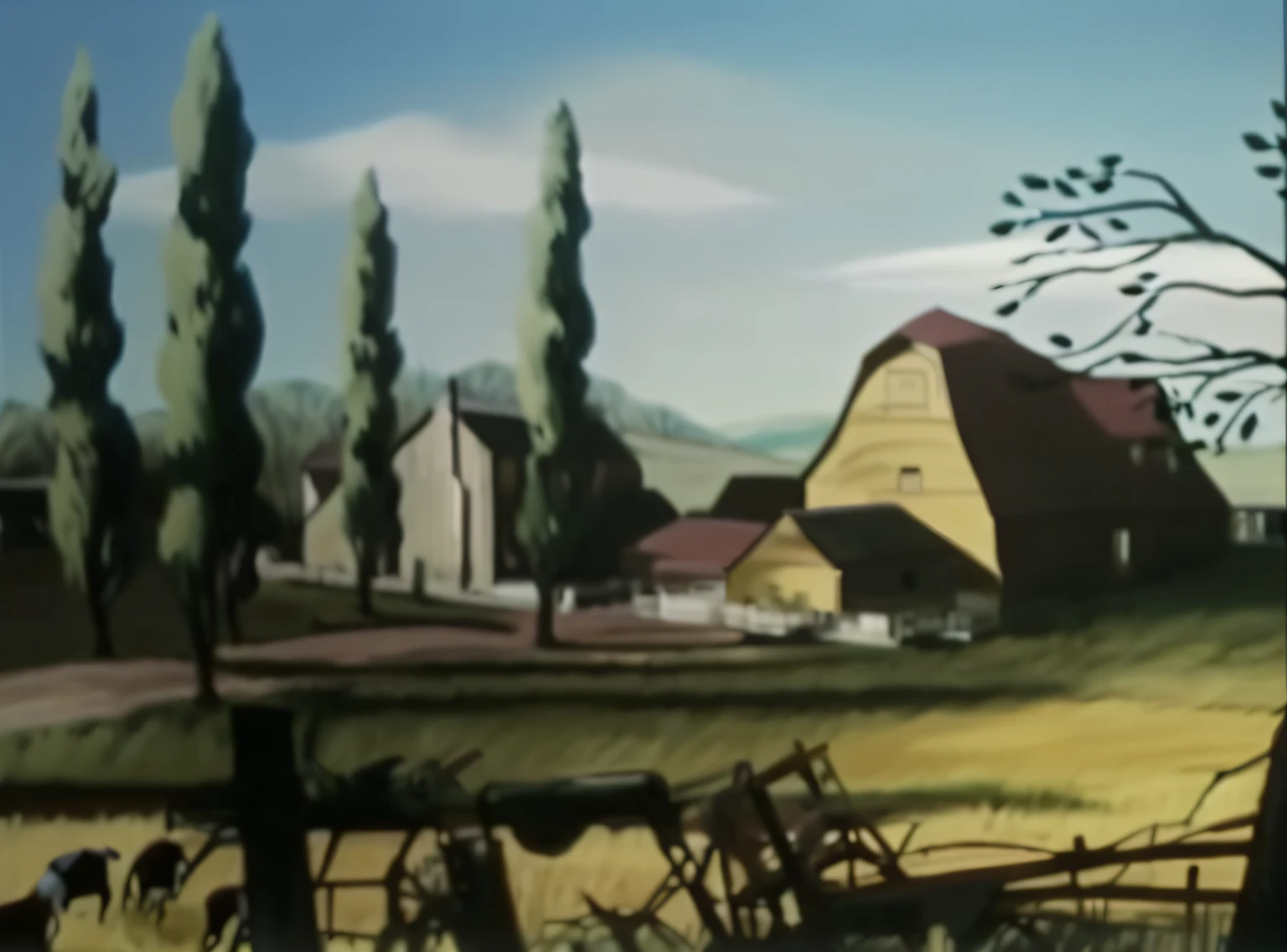 il y a une peinture d&#39;une ferme avec des vaches et une grange, film d&#39;animation encore, film tiré d&#39;un dessin animé, film d&#39;animation, tournage d&#39;un film d&#39;animation, scène de film d&#39;animation, capture d&#39;écran de l&#39;animation, 1 9 4 0 réglage, dessin animé encore, image fixe animée, Paysages d’après-guerre, Scène à grande échelle, Peinture de paysage, oeuvre de paysage, scène visuellement époustouflante