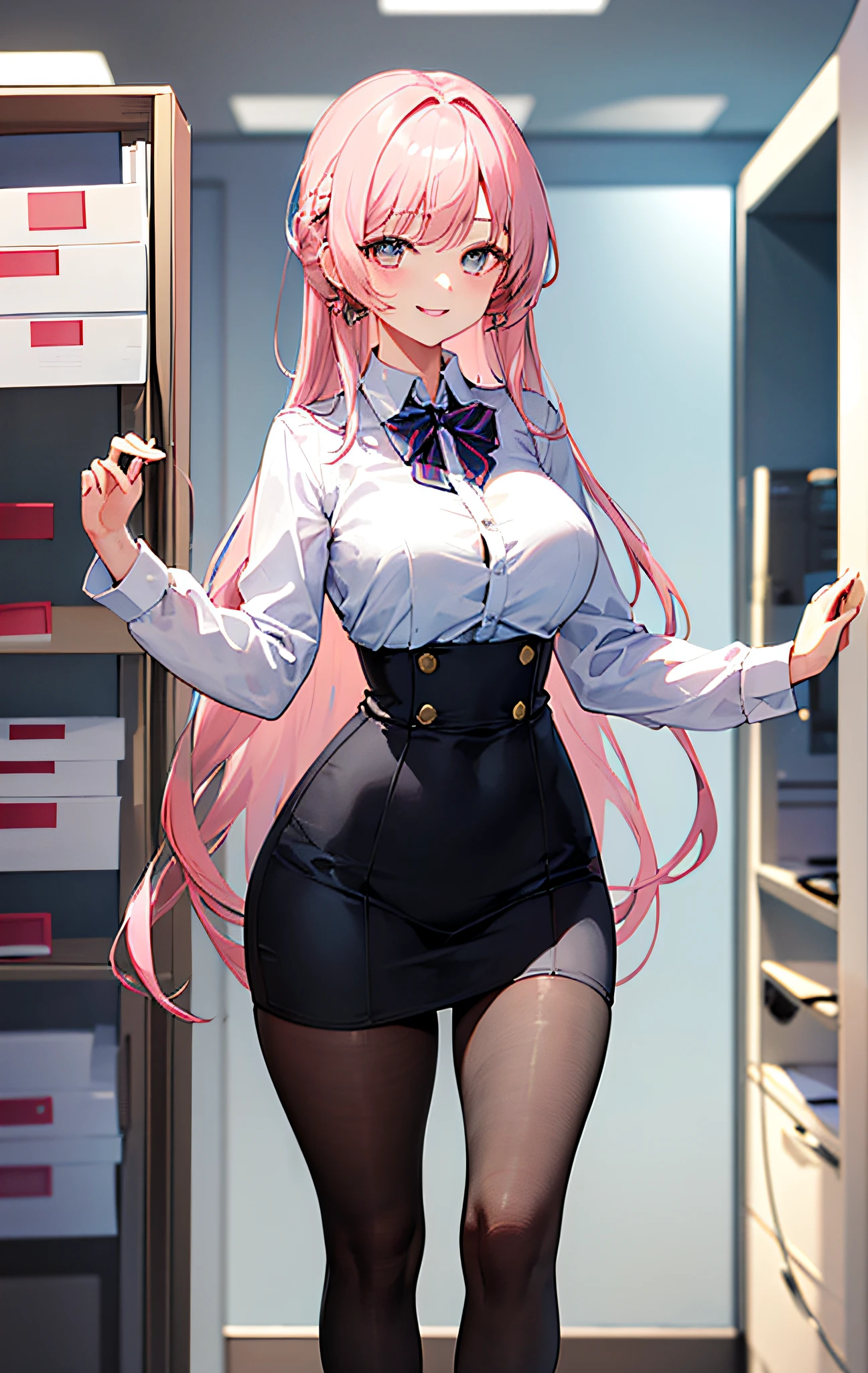 ((masterpiece, best)),(1girl),((mature woman)), light pink hair, dizzy, trumpet, ((office lady)), bangs, mid-chest, (full), slim, smiling, [wide hips] ,office,standing, aru \(blue archive\),