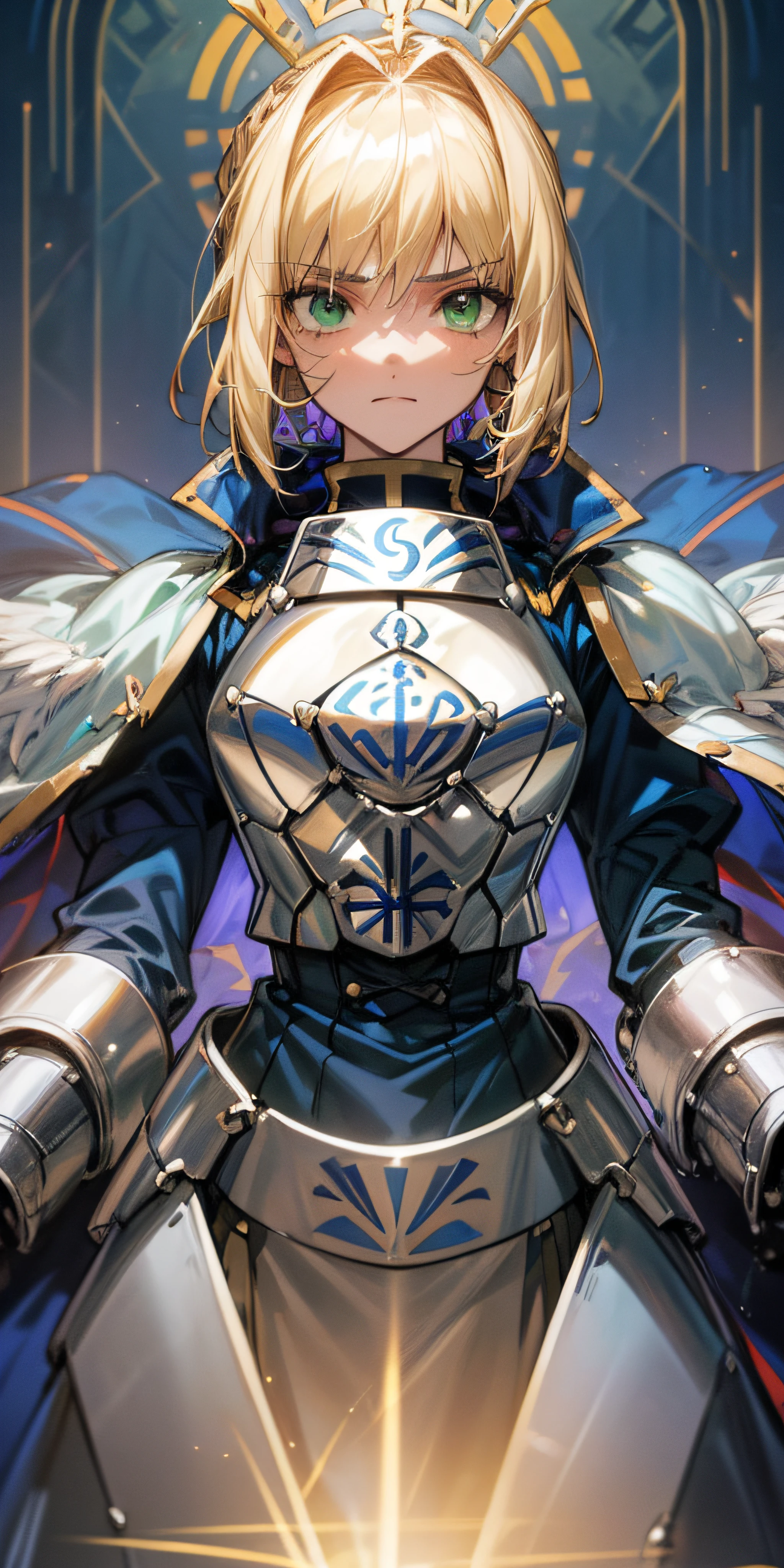 Artoria Pendragon \ (Destiny\,Masterpiece, Best Quality, High Resolution, Ultra Detailed, Art Book, Anime Coloring, CG, Illustration, Fantasy, 1 Girl, Solo, Male Focus, Looking at the Audience, Artoria Pendragon\ (Destiny\), Armor, Detailed Beautiful Face and Eyes, Gentle Moonlight ,Warm Environment, Capable Slender Figure, Dexterous Dynamics, Surrounding Light Dim Light Gathered on Maiden, Greece , Blonde Hair, Green Eyes, Sense of Holiness