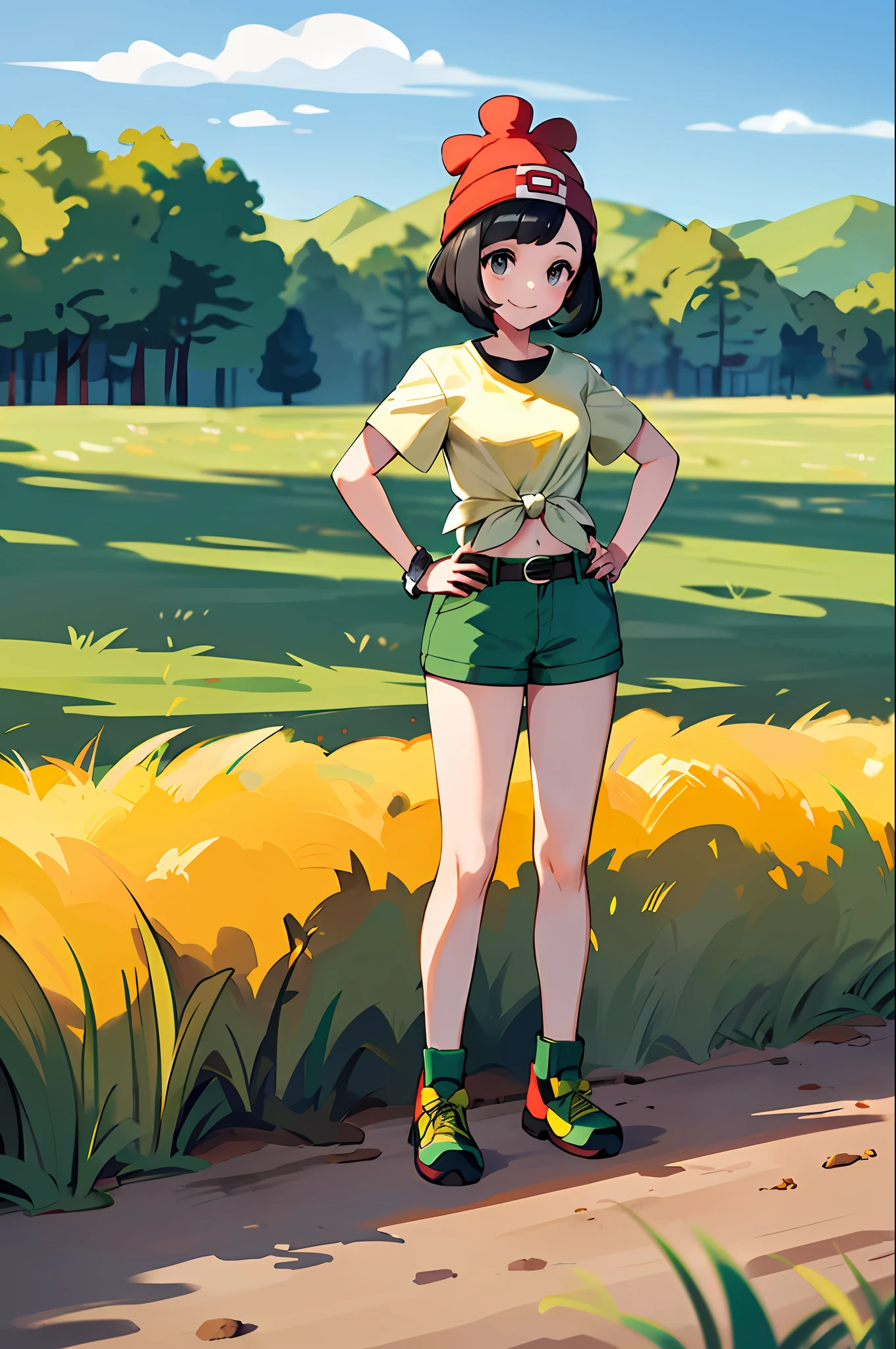 Masterpiece, Best Quality, High Resolution, Selene 1, 1 Girl, Selene 1, 1 Girl, Selene (Pokemon\), Solo, Grey Eyes, Black Hair, Green Shorts, Red Hat, Beanie, Shirt, Tied Shirt, Floral, Short Hair, Short Sleeve, Short Pants, Stripes, Yellow Shirt,Navel Out, Belt, Grass, Field, Smile, Have a Pokeball, Put your hands on your hips, Pokeball \(basic\),((Full body)), upright, (((Junior high school)))), (((8years old-14years old)))), girl, front angle, cute