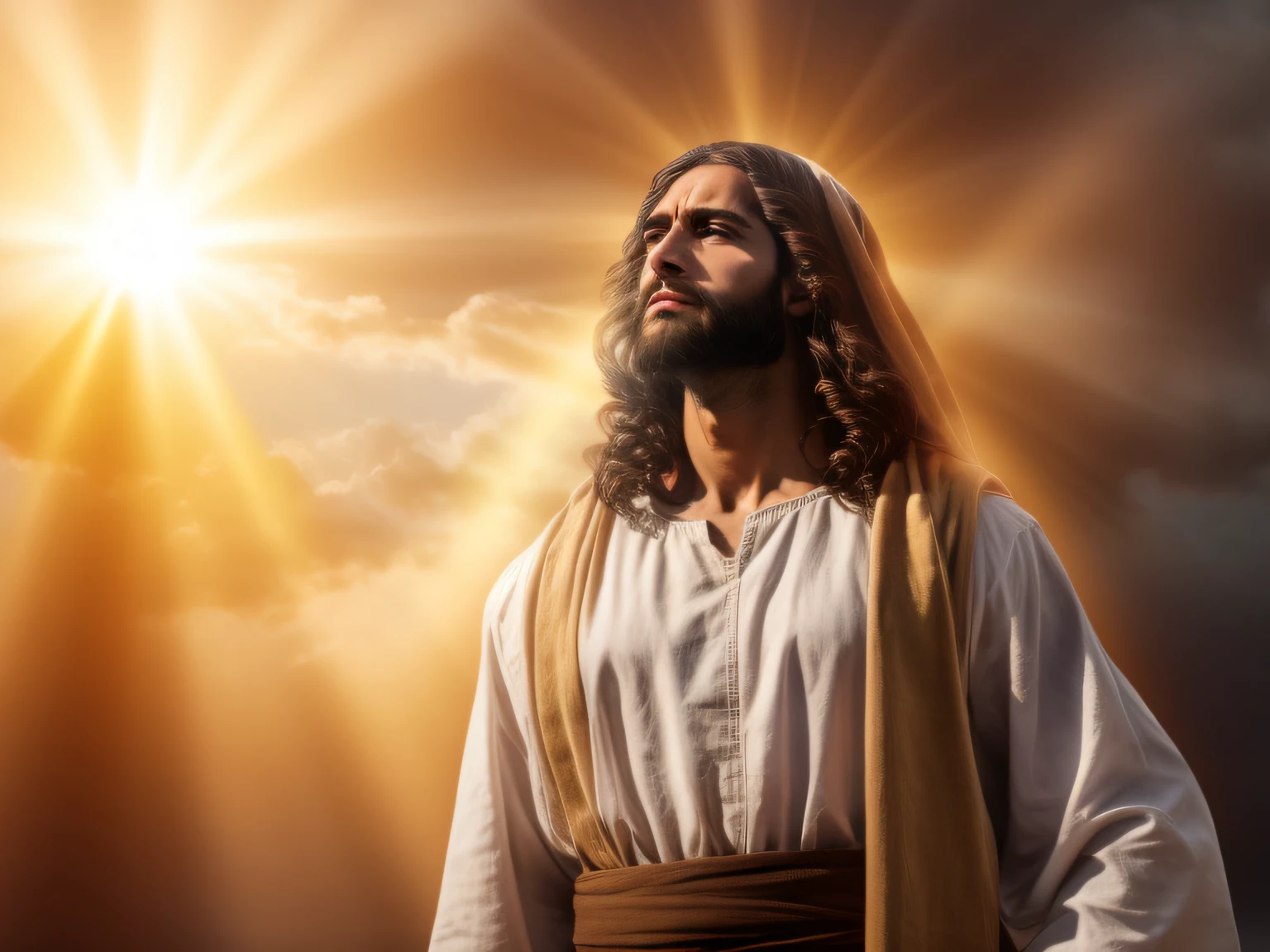 Jesus standing in front of the sun with his arms crossed - SeaArt AI