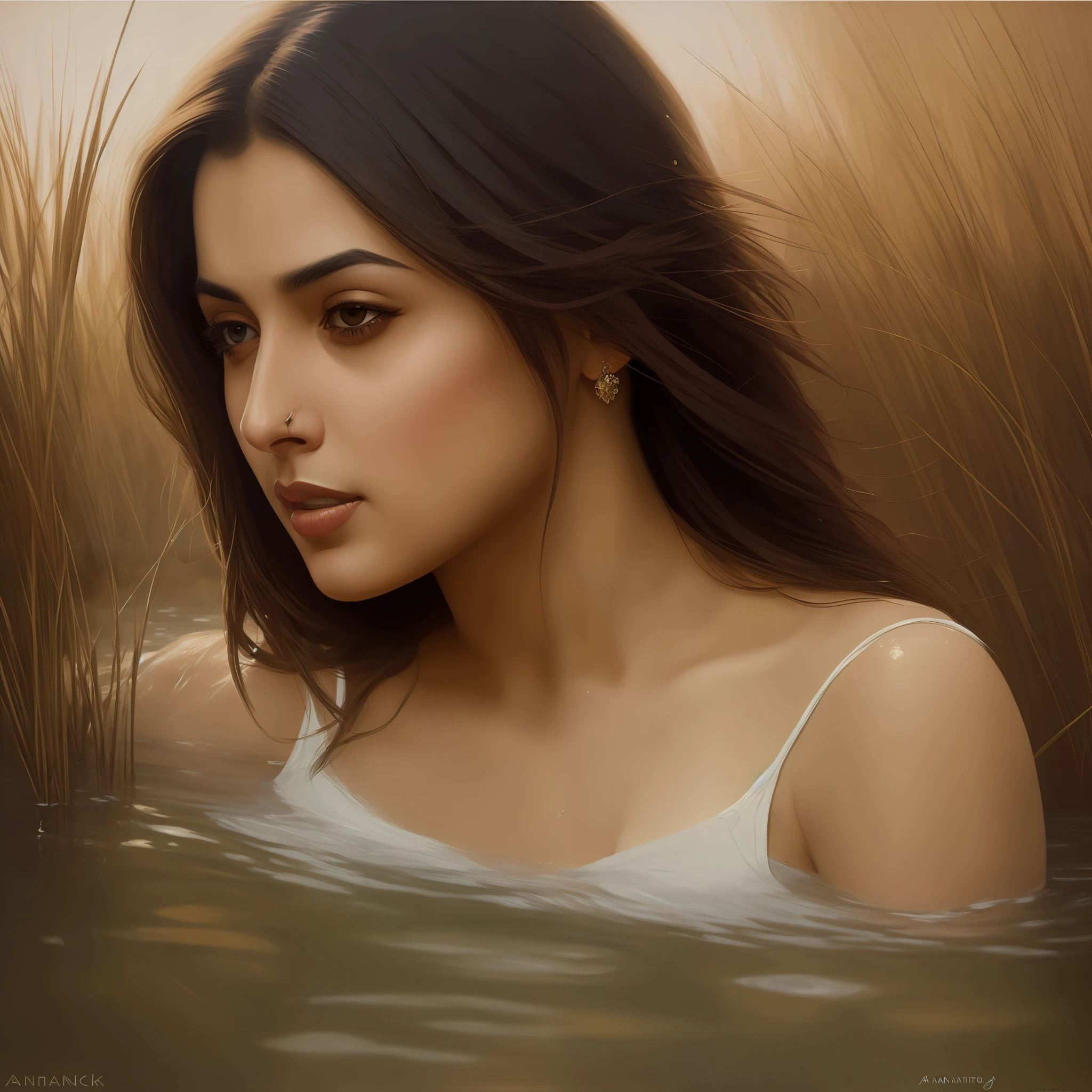 close up portrait of a cute woman (Bollywood actress) bathing in a river, reeds, (backlighting), realistic, masterpiece, highest quality, lens flare, shade, bloom, [[chromatic aberration]], by Jeremy Lipking, by Antonio J. Manzanedo, digital painting, --auto