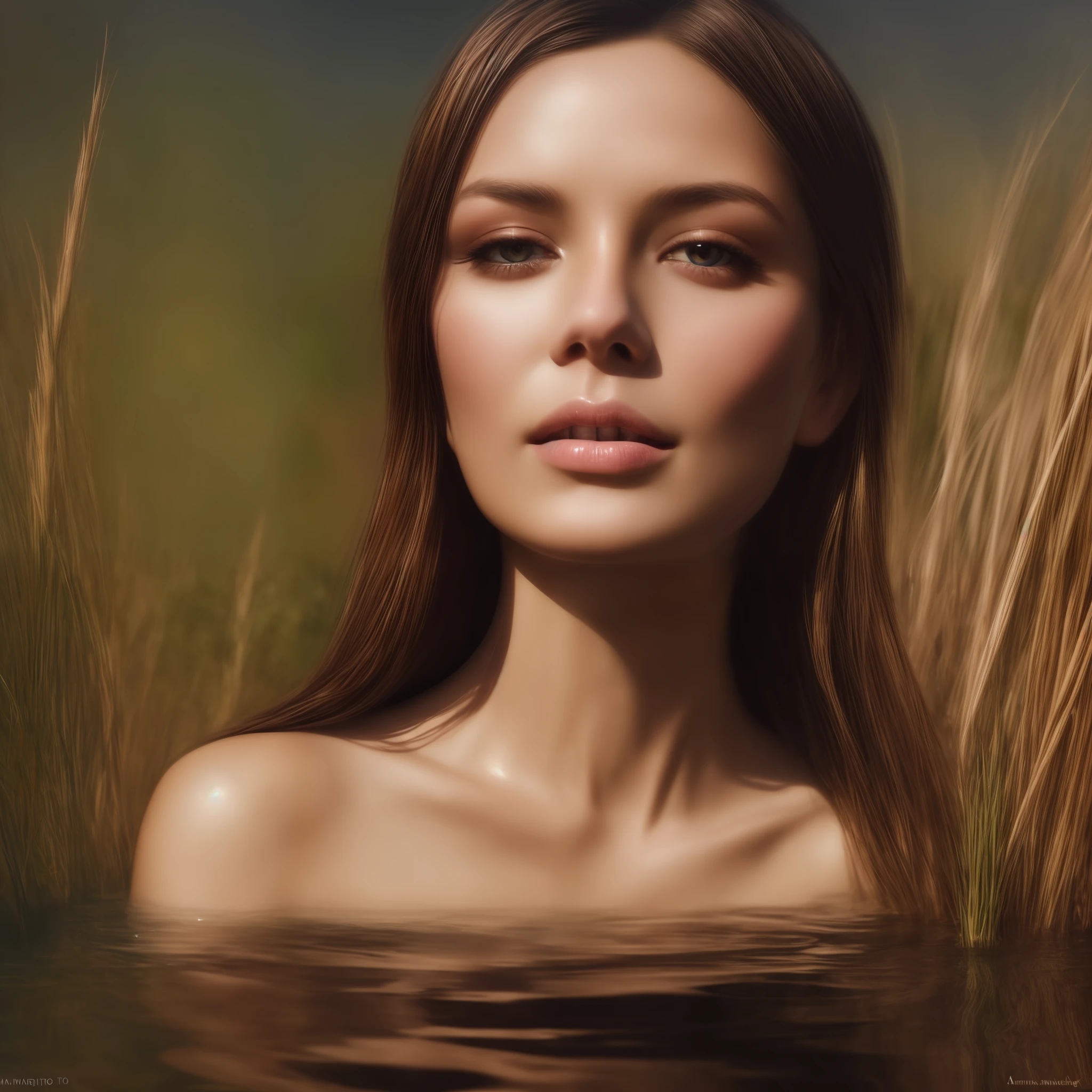 close up portrait of a cute woman (gldot) bathing in a river, reeds, (backlighting), realistic, masterpiece, highest quality, lens flare, shade, bloom, [[chromatic aberration]], by Jeremy Lipking, by Antonio J. Manzanedo, digital painting,