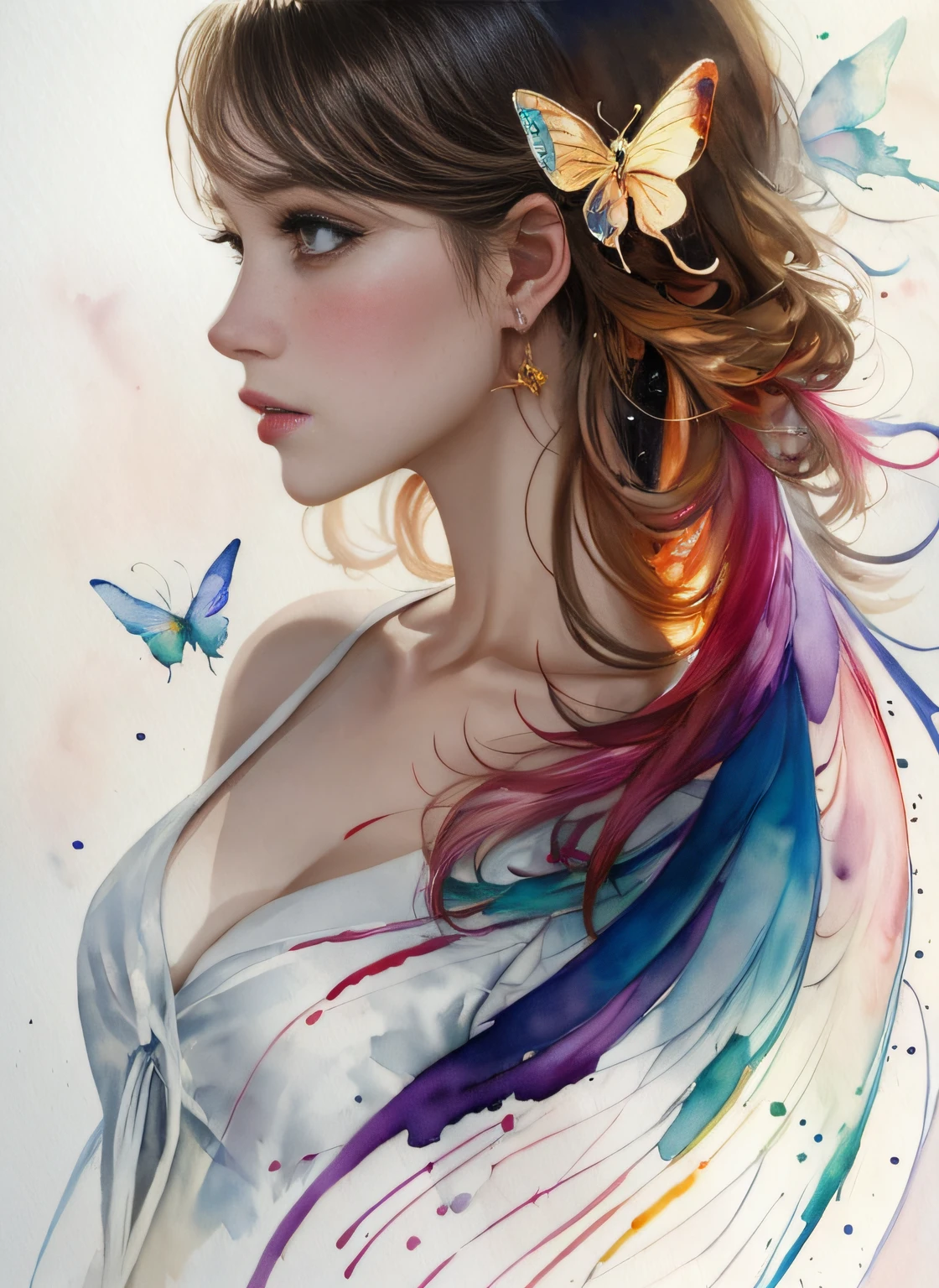 water color paint, beautiful angle woman character front view full body with butterfly wing, perfect form pose, line art watercolor wash, ethereal background, abstract beauty, approaching perfection, pure form, golden ratio, minimalistic, unfinished, concept art, by Brian Froud and Carne Griffiths and Wadim Kashin and John William Waterhouse, intricate details, full color watercolor hair, colorful, abstract watercolor wash painting, colorful hair, vivid, Vibrant, High contrast, abstract, atmospheric, Vibrant, High contrast, centered, dark angle