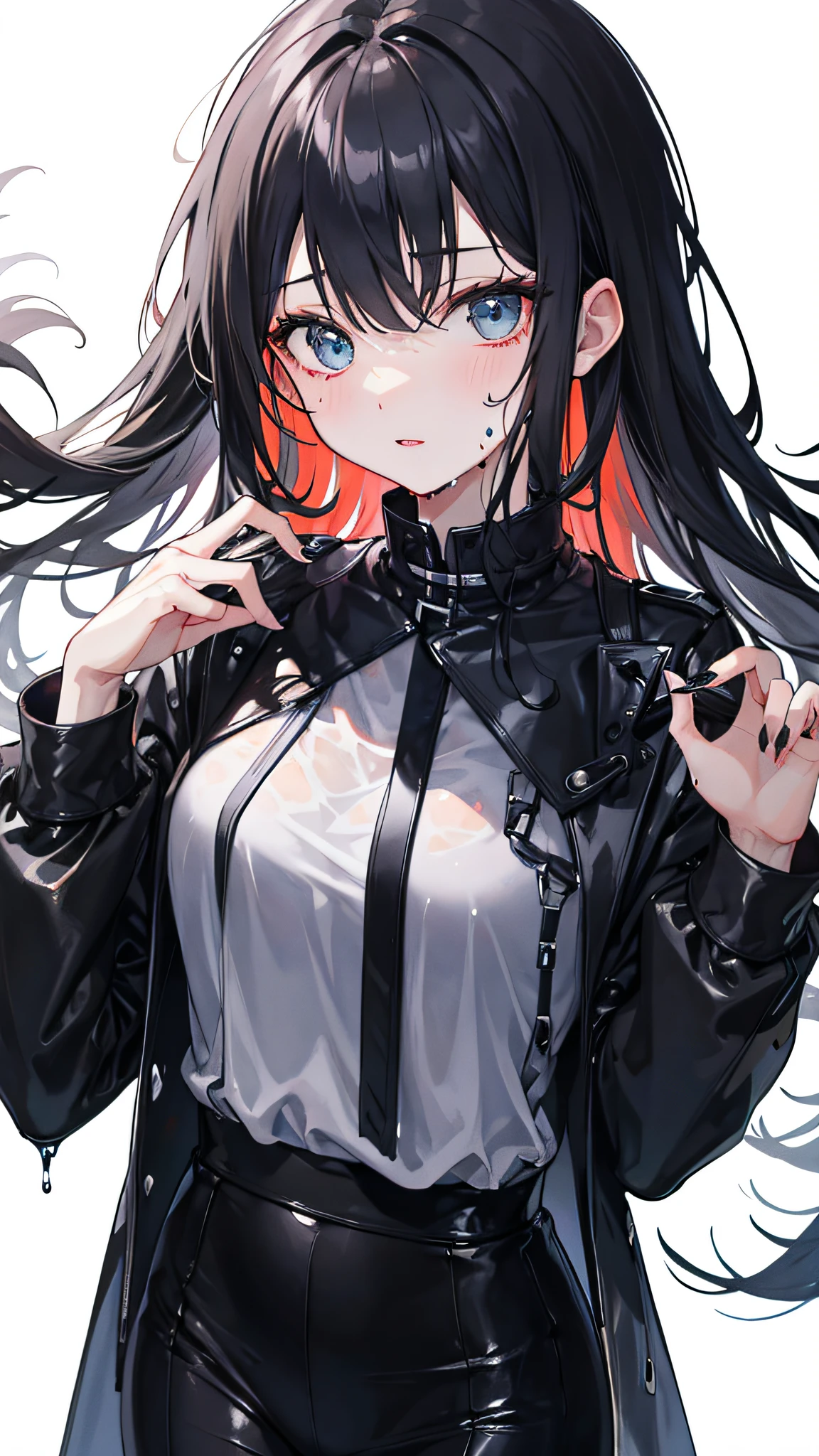 Black gel coat, long black hair, transparent clothes, wet