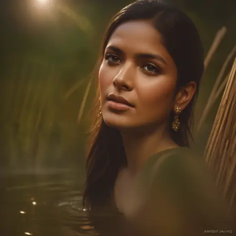 close up portrait of a cute woman (indian) bathing in a river, reeds, (backlighting), realistic, masterpiece, highest quality, l...