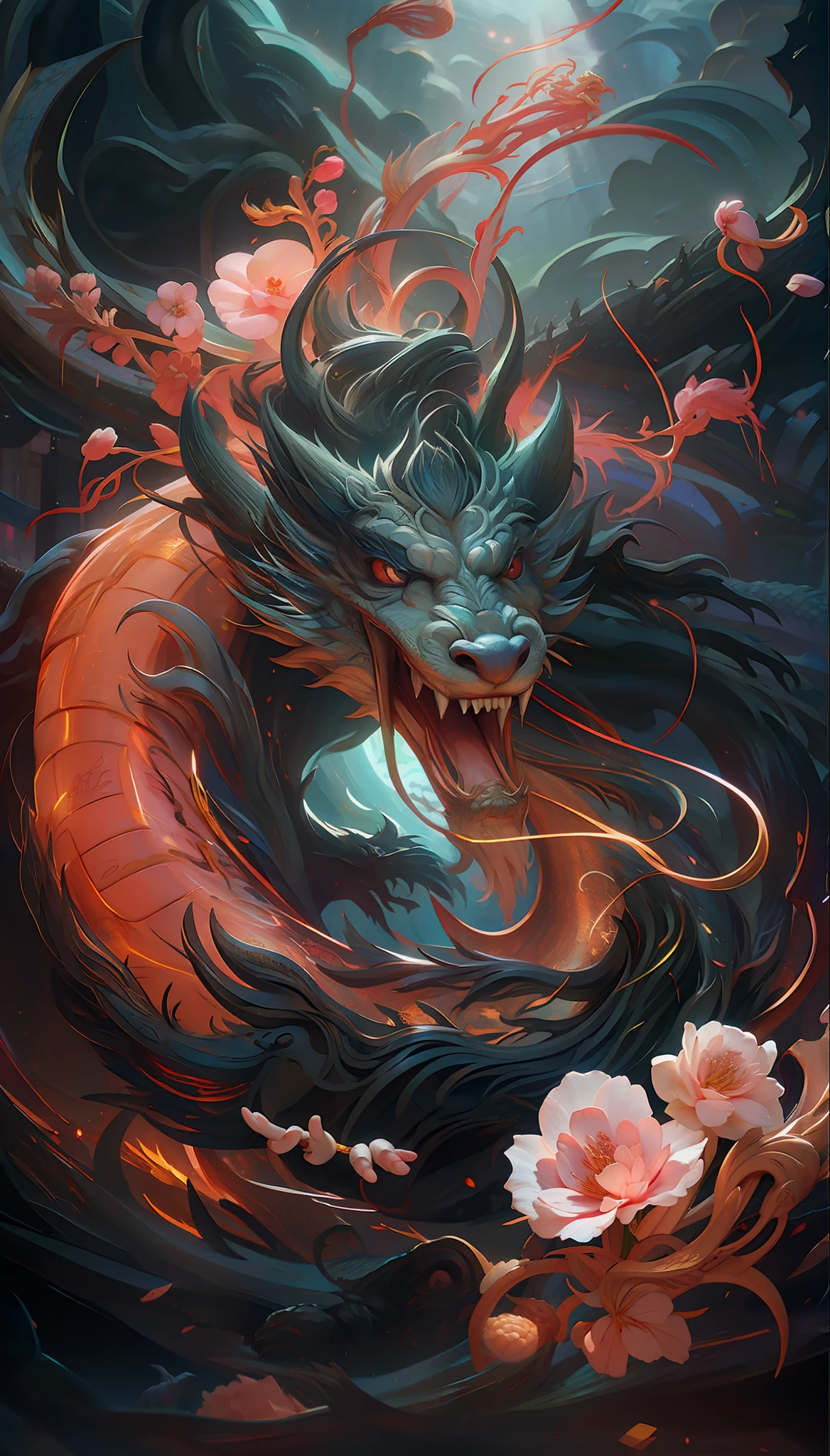painting of a dragon with a flower in its mouth, chinese dragon concept art, cyan chinese dragon fantasy, dragon art, majestic japanese dragon, oil painting of dragon, chinese dragon, dan mumford tom bagshaw, a beautiful artwork illustration, dragon portrait, by Arthur Pan, by Reuben Tam, dragon, smooth chinese dragon, fire flaming dragon serpent, by Yang J