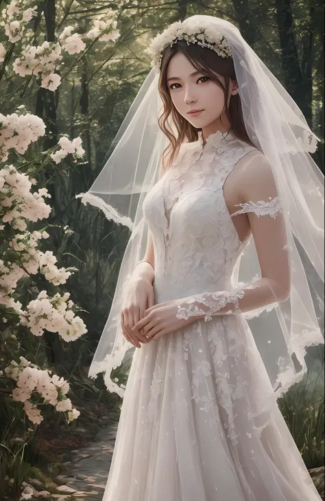 Masterpiece, highest quality, solo focus, complex
(High detail: 1.1) (Perfect face: 1.1) white wedding dress, pretty Japan woman, smiling, lace, veil, fantasy, white flowers on head, mysterious lake,
Viking origin, shining eyes, full body, Lee Jeff
Leeds N...