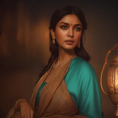 Indian Bollywood actress in the style of nocturne, dreamy atmosphere, dark cyan and red, i can't believe how beautiful this is, ...