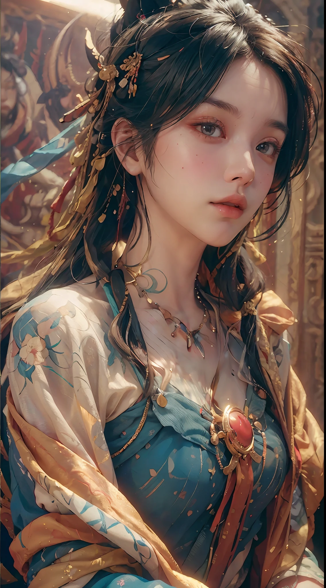 (RAW photo, best quality), (realistic, photo-realistic:1.3),best quality,highly detailed,masterpiece,ultra-detailed,illustration,1girl,upper_body,dynamic angle,world masterpiece theater,messy_long_hair,best quality,extremely detailed CG unity 8k wallpaper,ink,Amazing,cinematic lighting,lens_flare, dunhuang_style